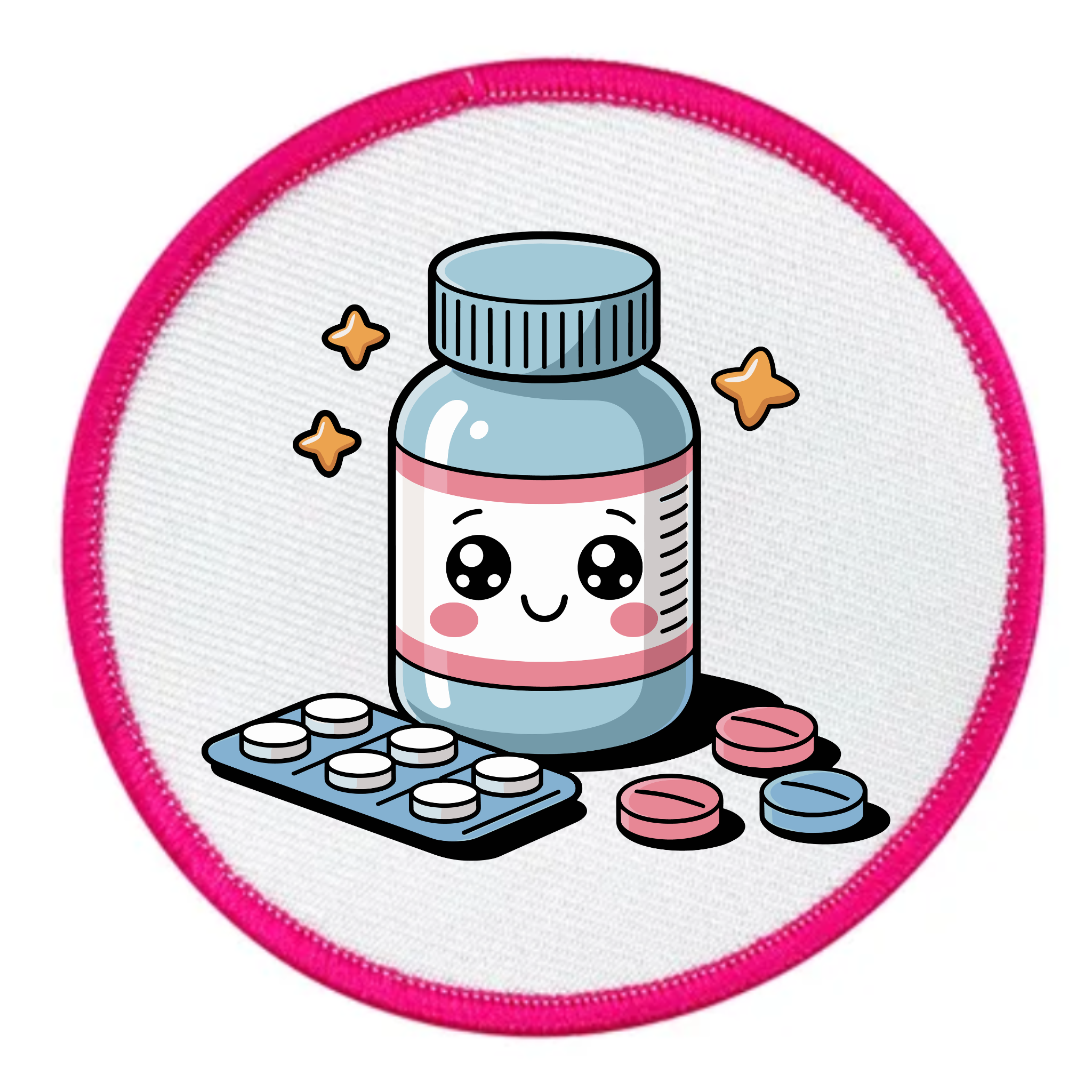 Round patch with a cartoon bottle of medicine and pills on a white background