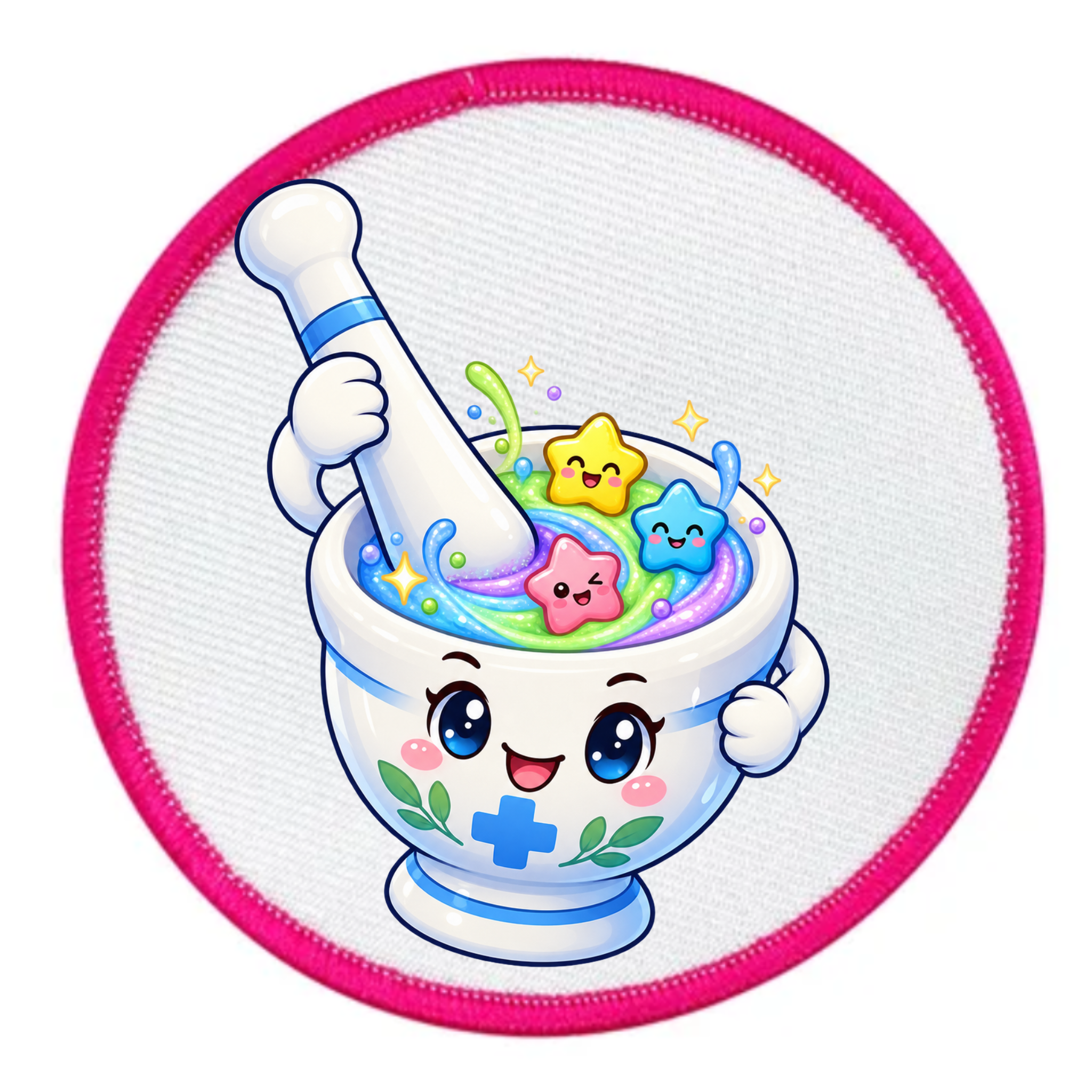 A circular white patch with a bright pink border, featuring a cute cartoon illustration of a smiling white mortar and pestle filled with colorful pastel slime and star-shaped candies.