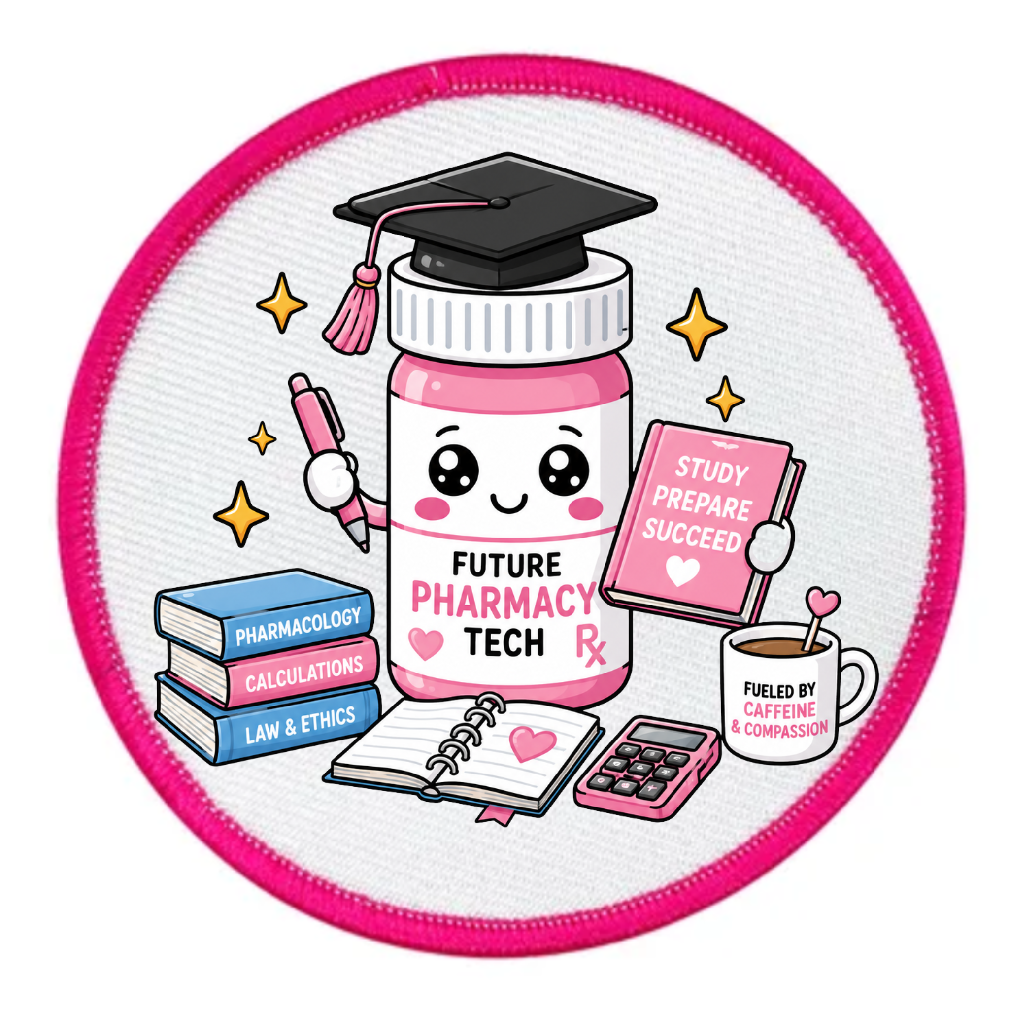 Circular design with a cartoon pharmacy tech character, books, and a graduation cap on a white background.