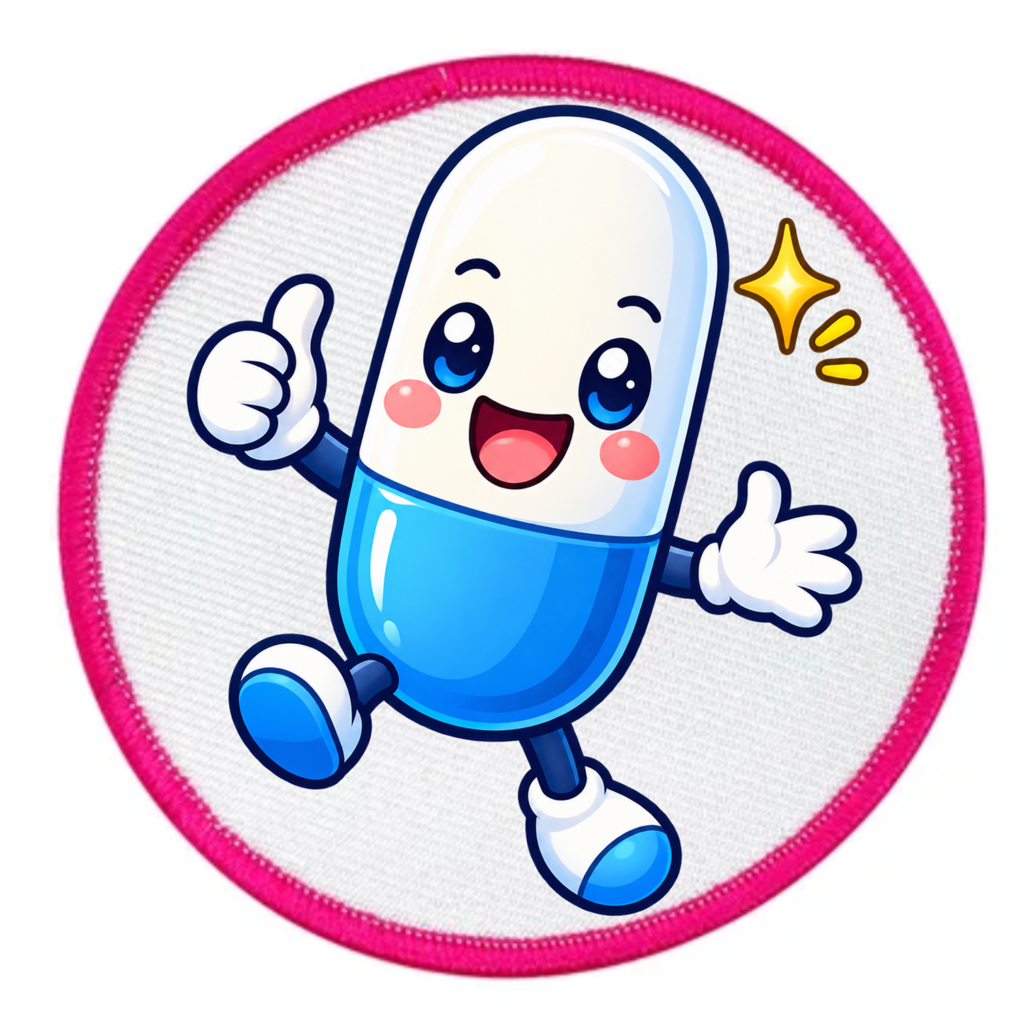 A circular embroidered patch featuring a cute, cartoon-style blue and white capsule pill character with arms, legs, and a thumbs-up gesture, set against a white textured background with a bright pink border.