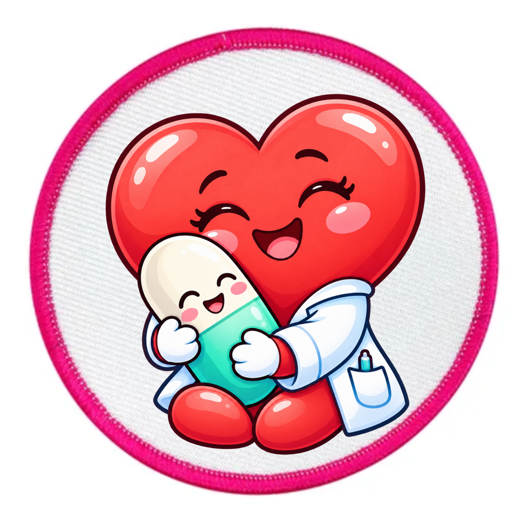 A round embroidered patch featuring a cute cartoon illustration of a smiling red heart hugging a white-and-teal pill capsule, with a pink border on a white background.