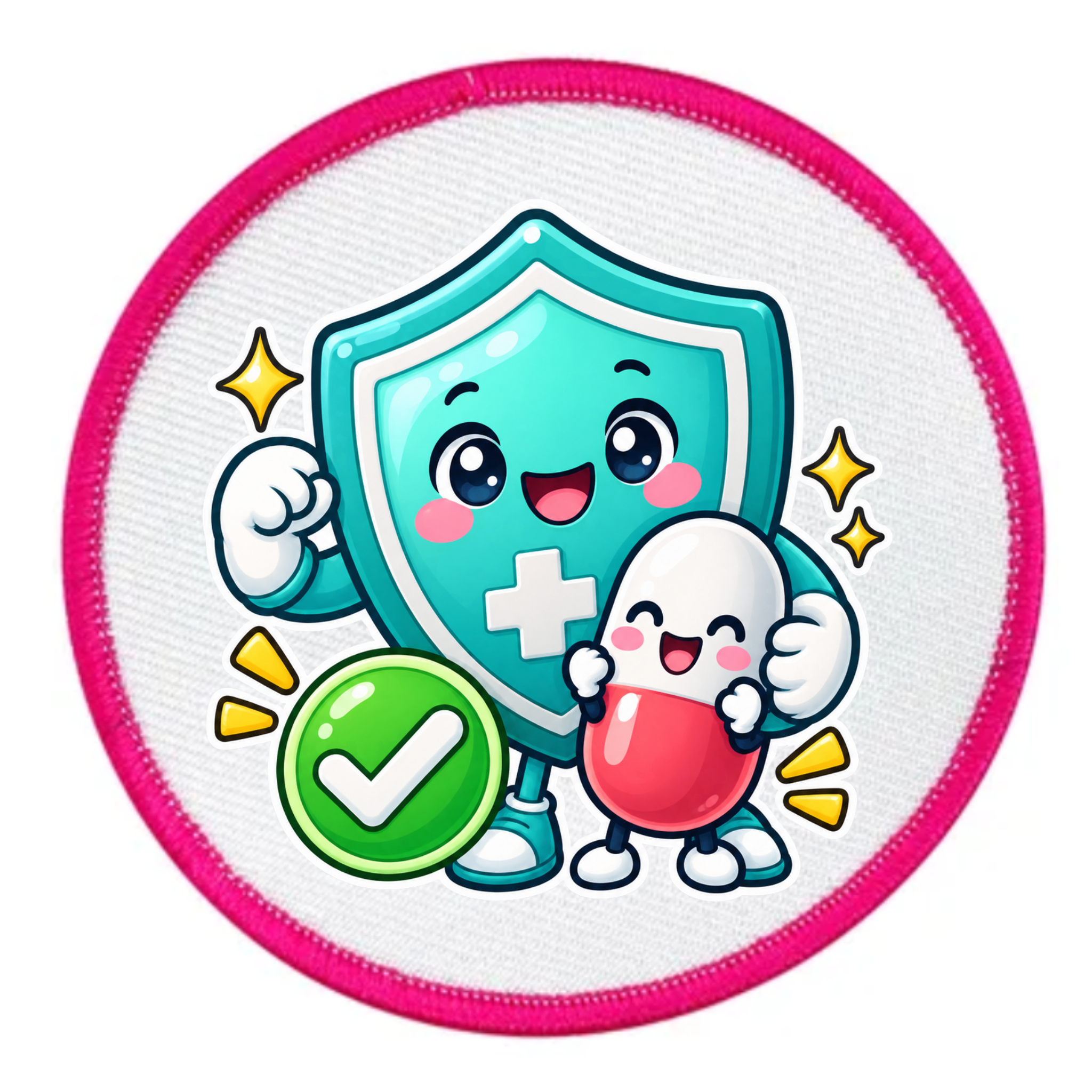 A circular embroidered patch featuring a cute cartoon illustration of a teal shield character with a white cross, holding a red-and-white capsule pill and standing next to a green checkmark badge, all on a white textured background with a bright pink stitched border.