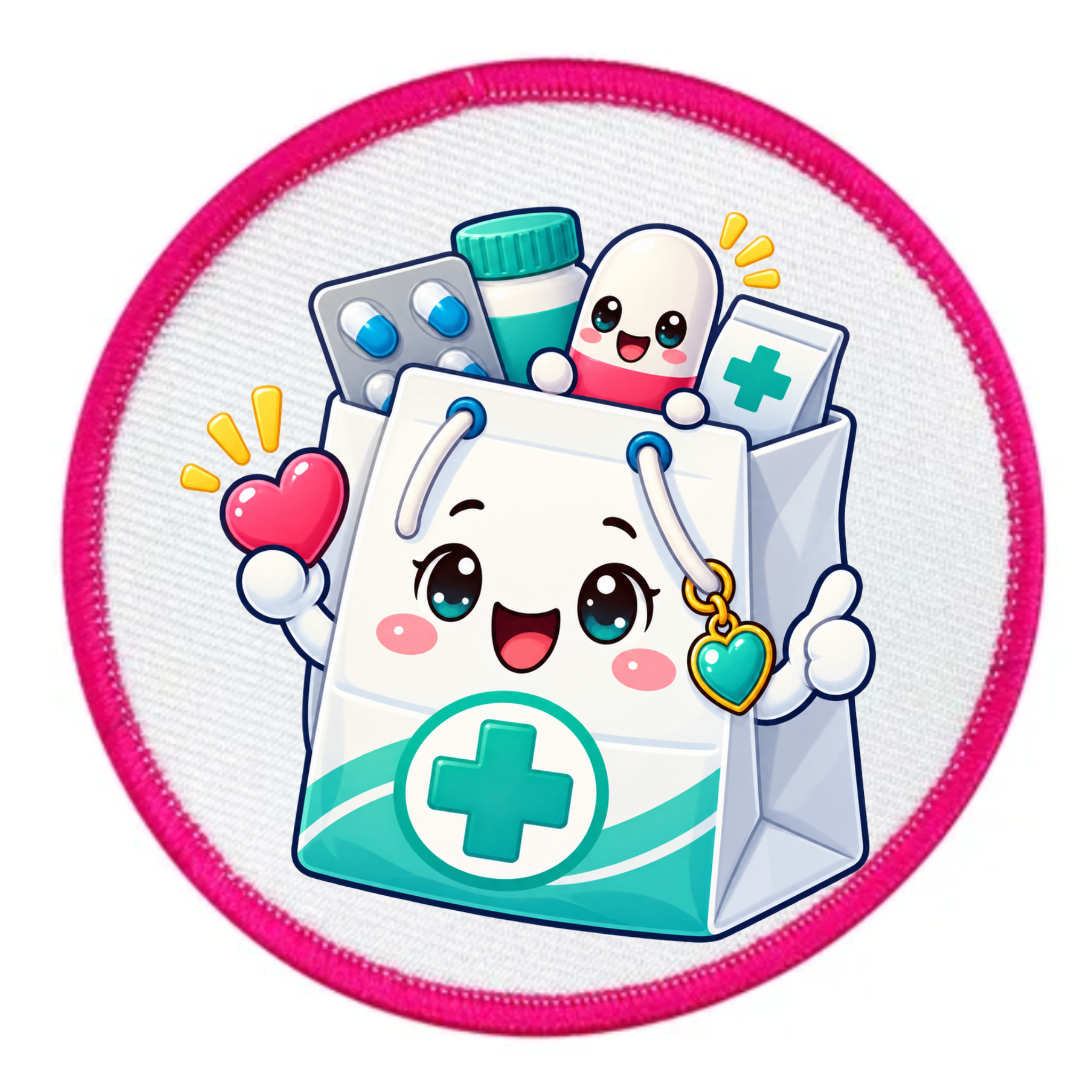 A circular white patch with a pink stitched border, featuring a cute cartoon medical bag character with a smiling face, holding a pink heart and a green heart charm, surrounded by illustrated pills and a syringe on a white background.