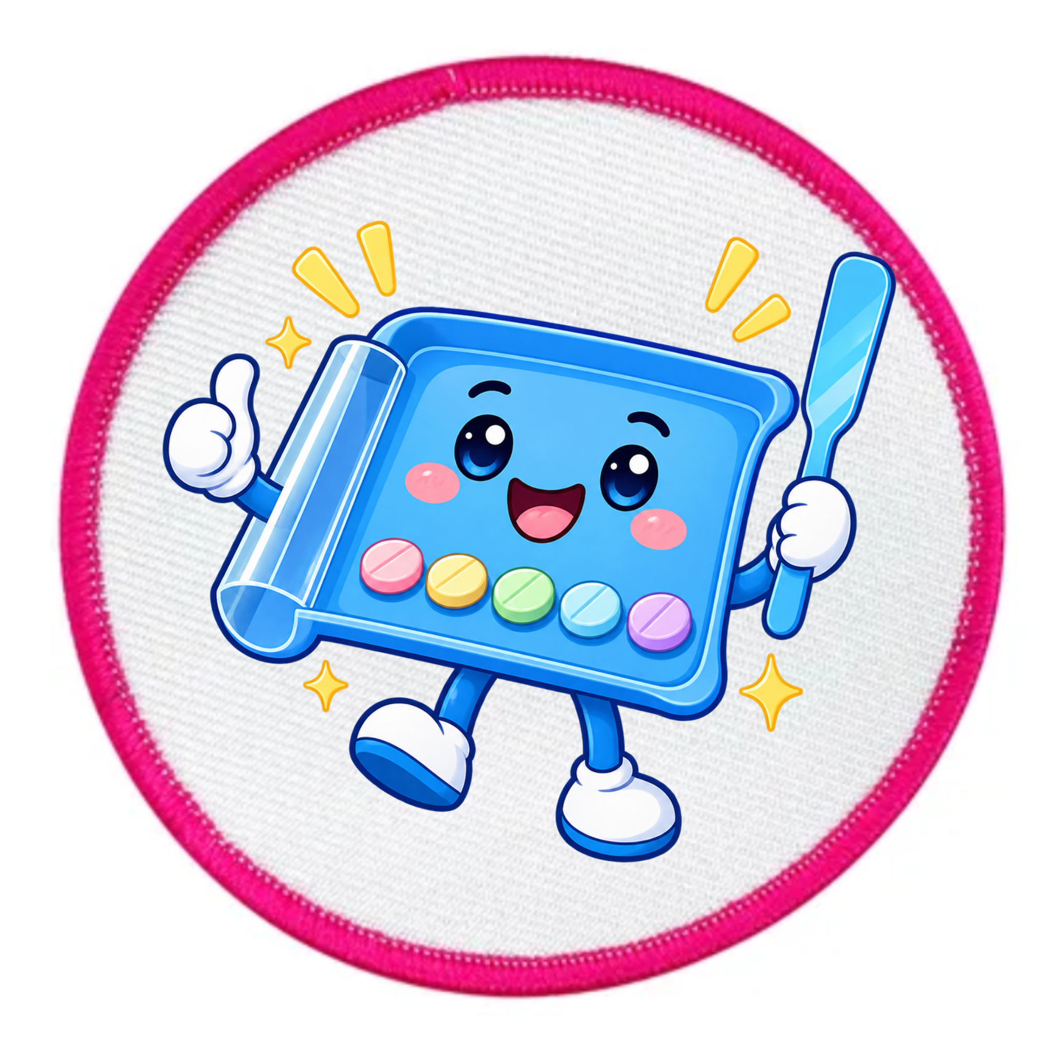 A round embroidered patch featuring a cute cartoon character of a blue tray with colorful pills and a toothbrush, set against a white background with a pink border.