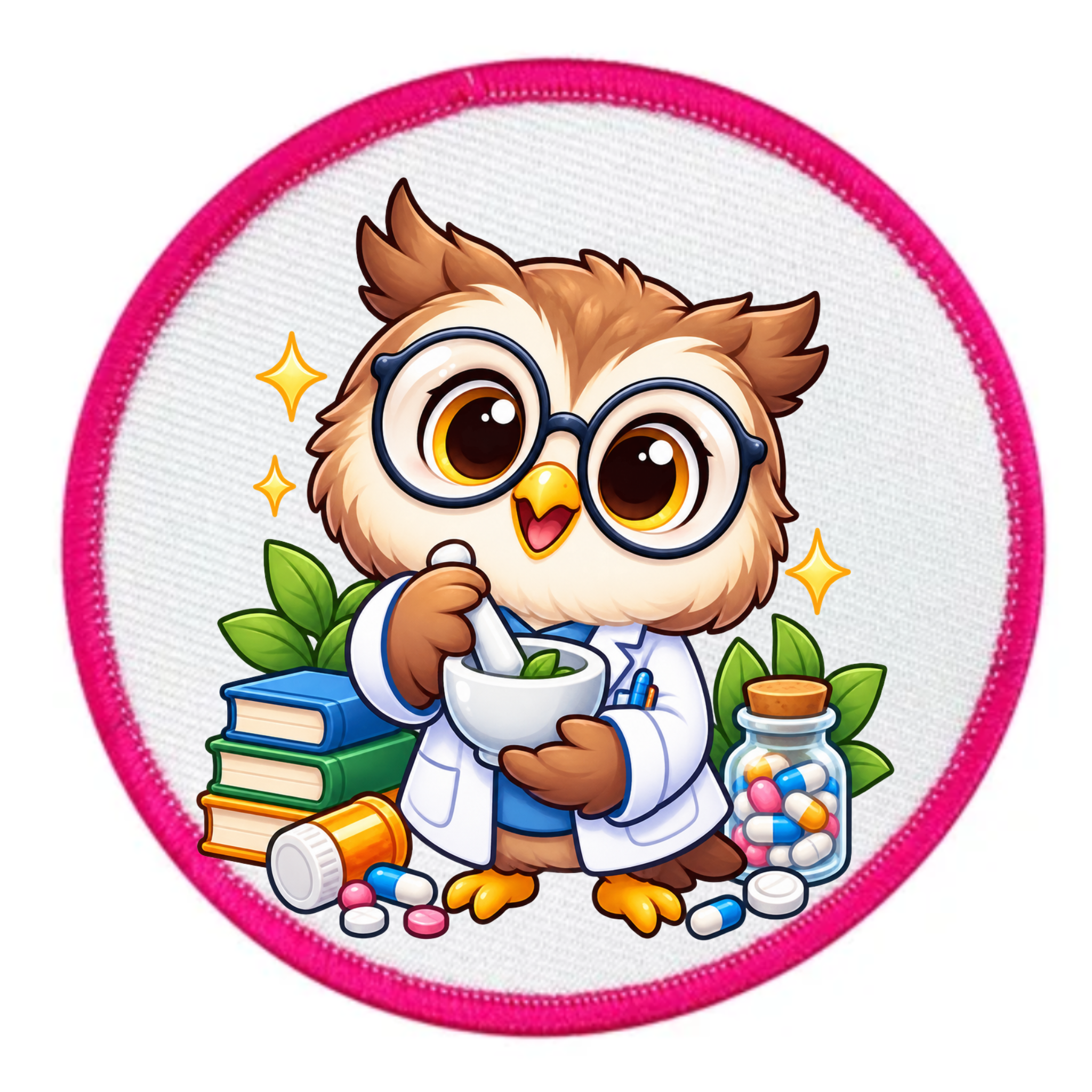A circular embroidered patch featuring a cute cartoon owl dressed as a pharmacist, wearing round glasses and a white lab coat while holding a mortar and pestle. The owl is surrounded by books, pills, and a medicine jar, all on a white textured background with a bright pink stitched border.