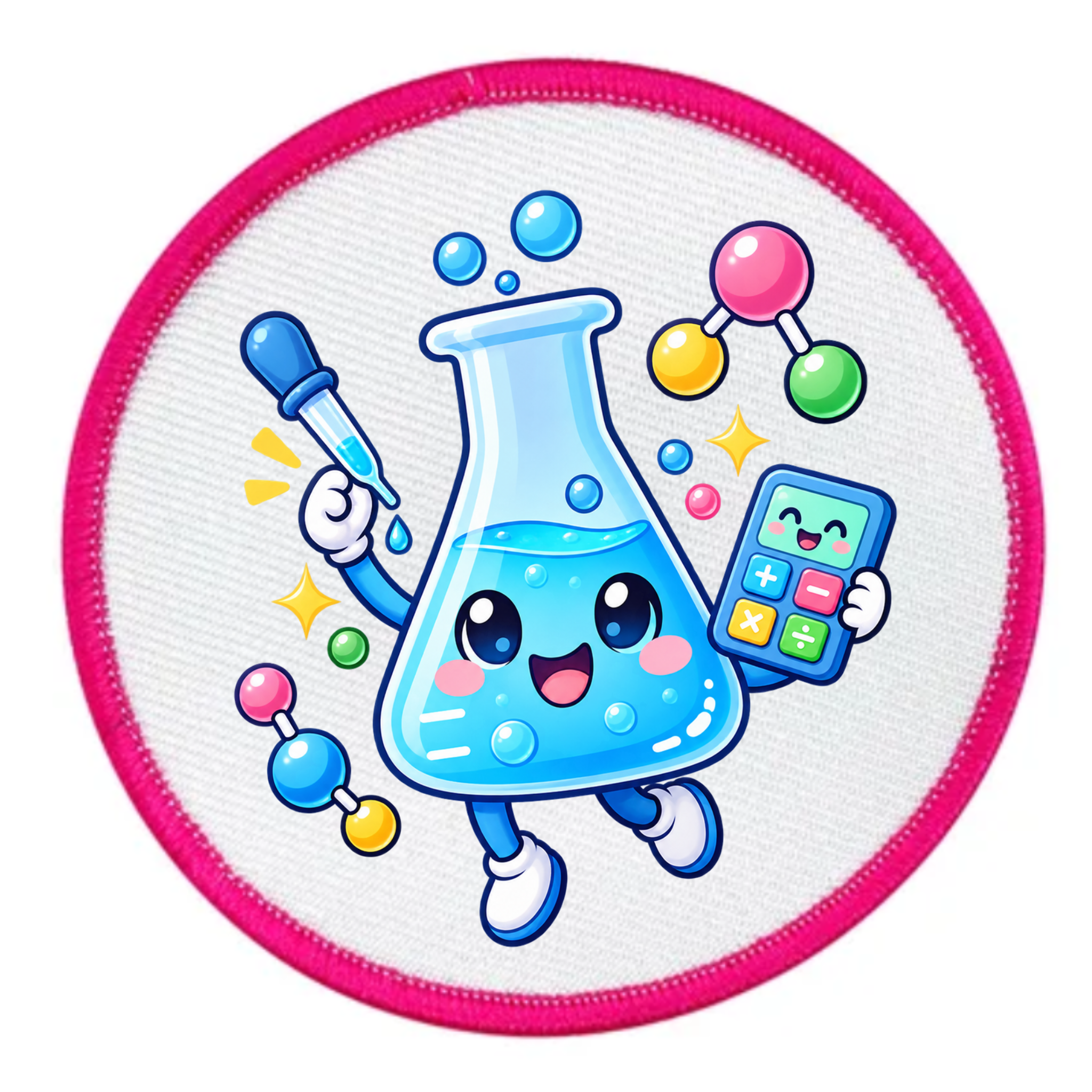A round embroidered patch with a bright pink border on a white background, featuring a cute cartoon blue beaker character holding a pipette and calculator, surrounded by colorful molecular models and sparkles.