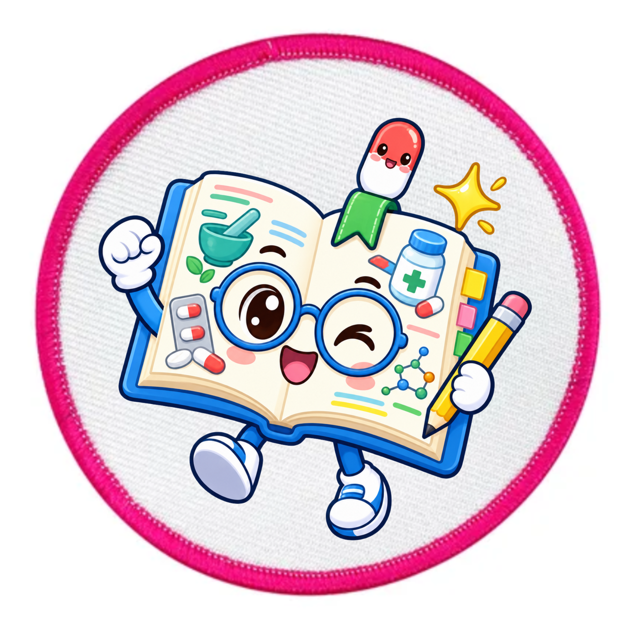 A round embroidered patch with a bright pink border on a white background, featuring a cartoon open book character with glasses, a green bandage, pills, a star, and a pencil.