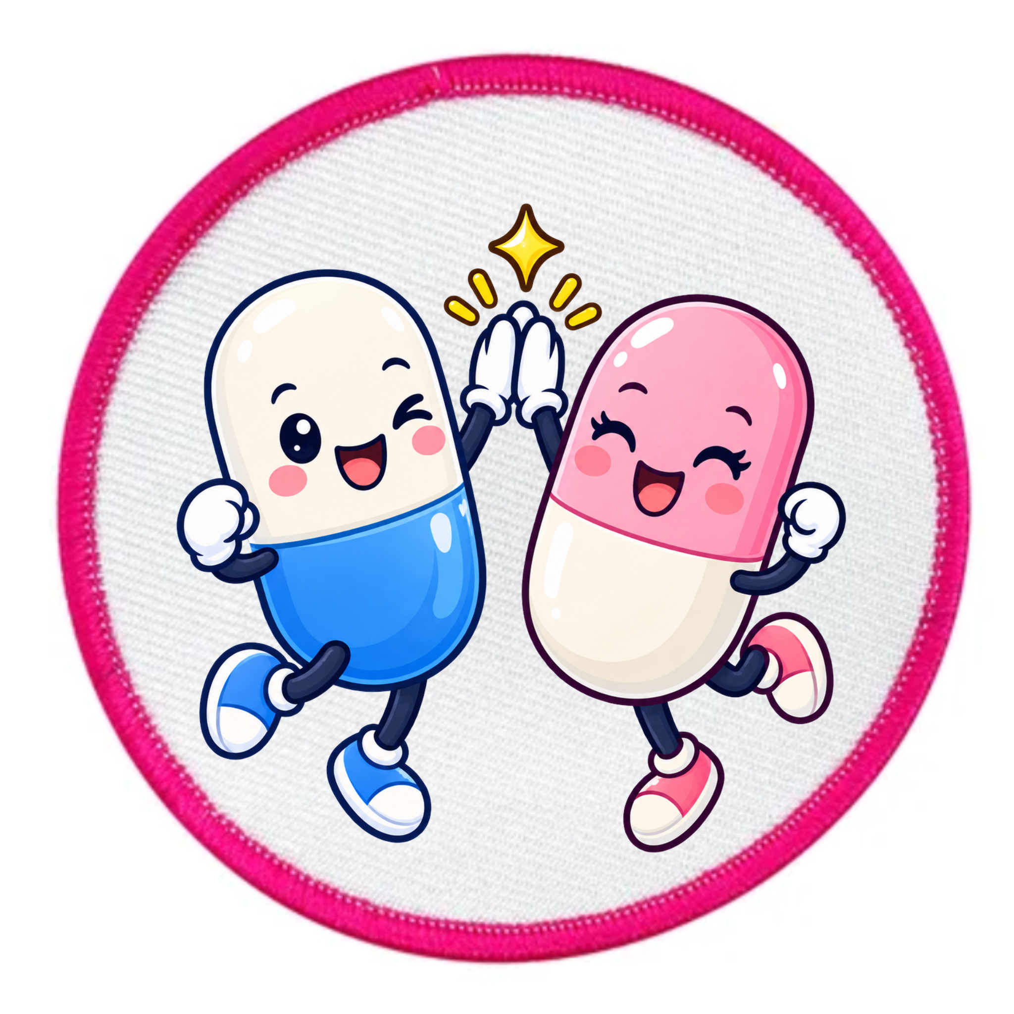 A round embroidered patch featuring two cartoon capsules jumping and high-fiving. One capsule is white with a blue bottom, and the other is pink with a white bottom.