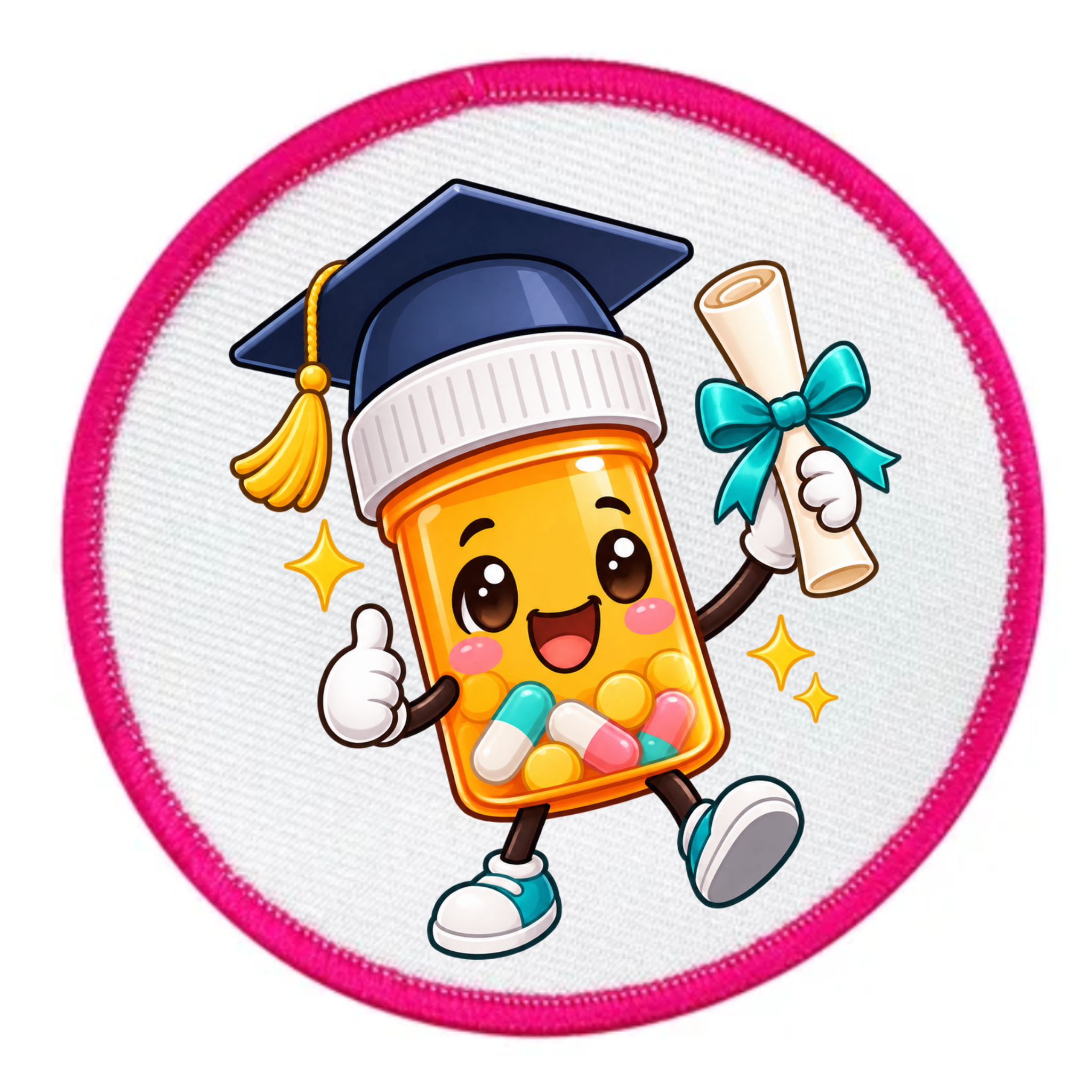 A circular patch or sticker featuring a cute cartoon pill bottle character celebrating graduation. The pill bottle is orange-yellow with multicolored capsules inside, wearing a dark blue graduation cap with a yellow tassel and holding a rolled diploma tied with a teal bow.