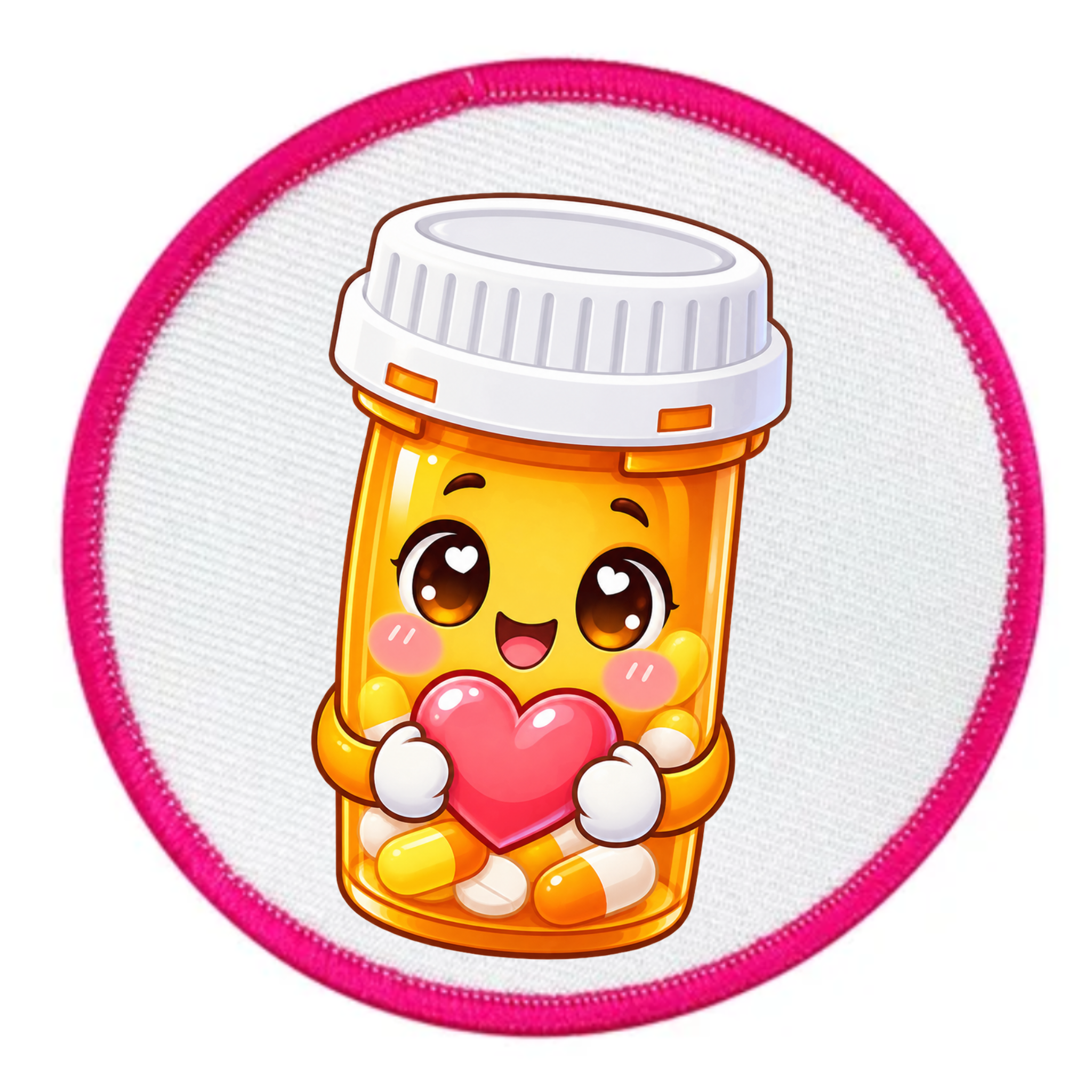 A circular embroidered patch featuring a cute cartoon pill bottle character holding a pink heart, set against a white textured background with a bright pink border.