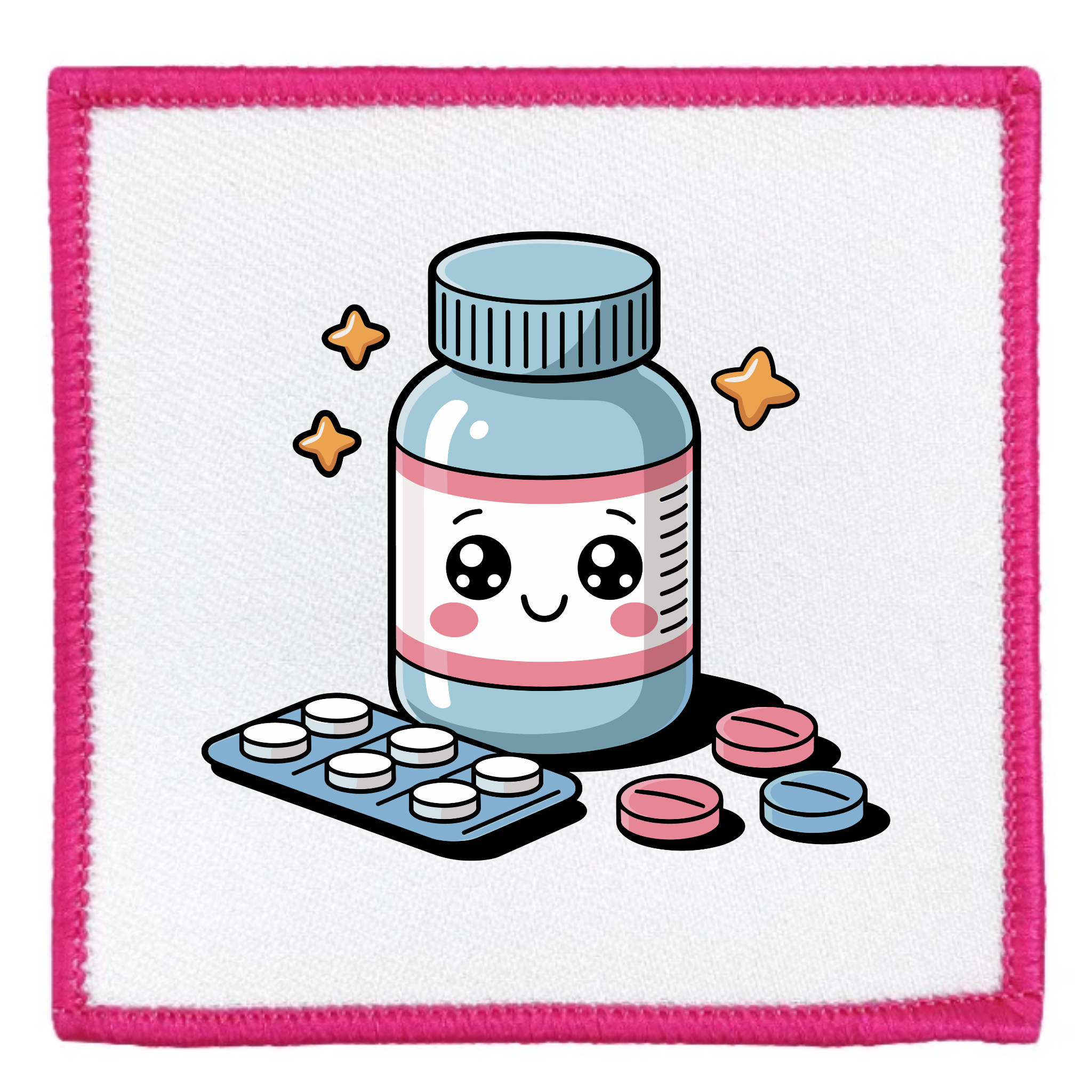 Cute cartoon-style pill bottle with a face on a white background with pink border