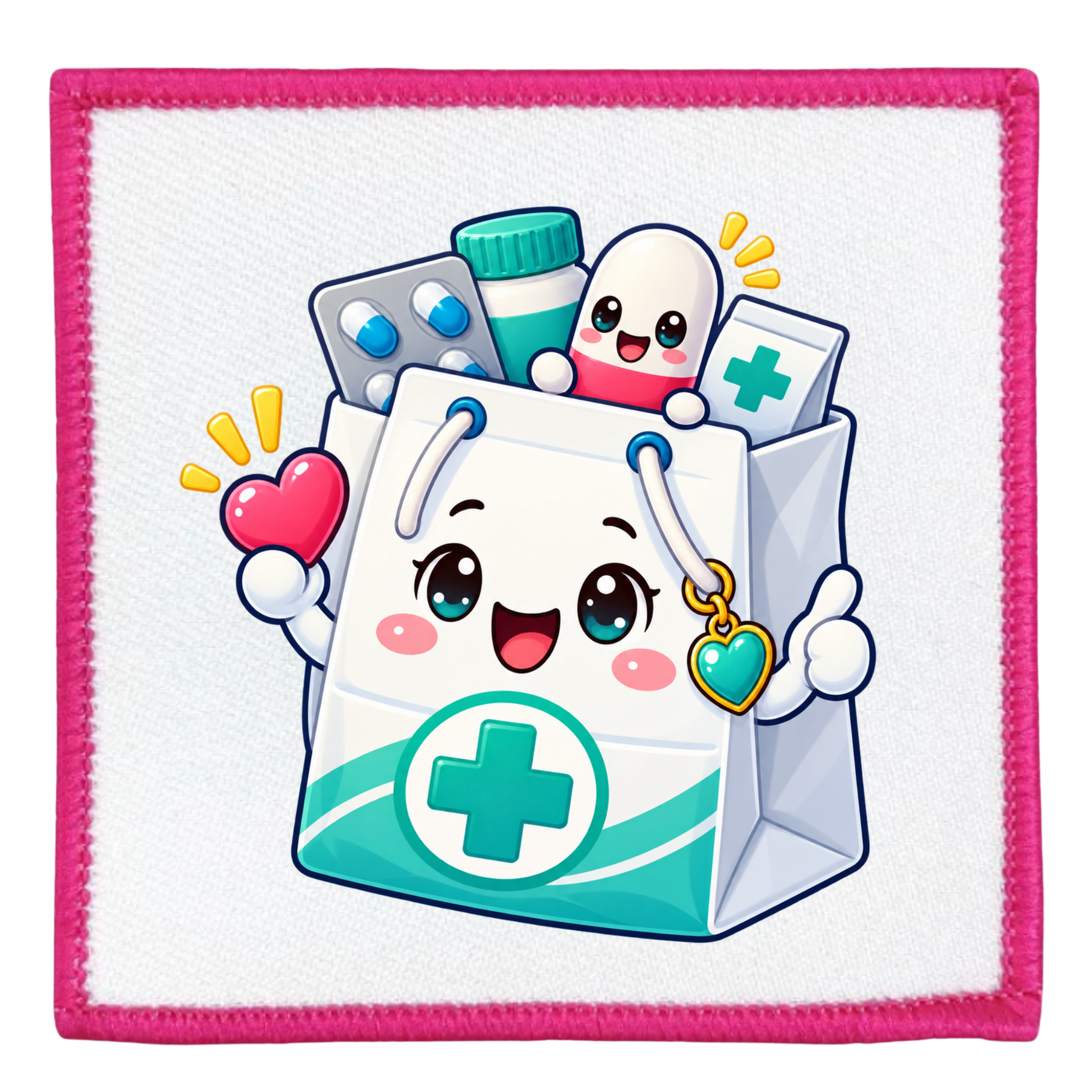 A square white fabric patch with a pink stitched border, featuring a cute cartoon illustration of a white medical bag with a green cross, holding pills, a blister pack, and a heart-shaped heart accessory.