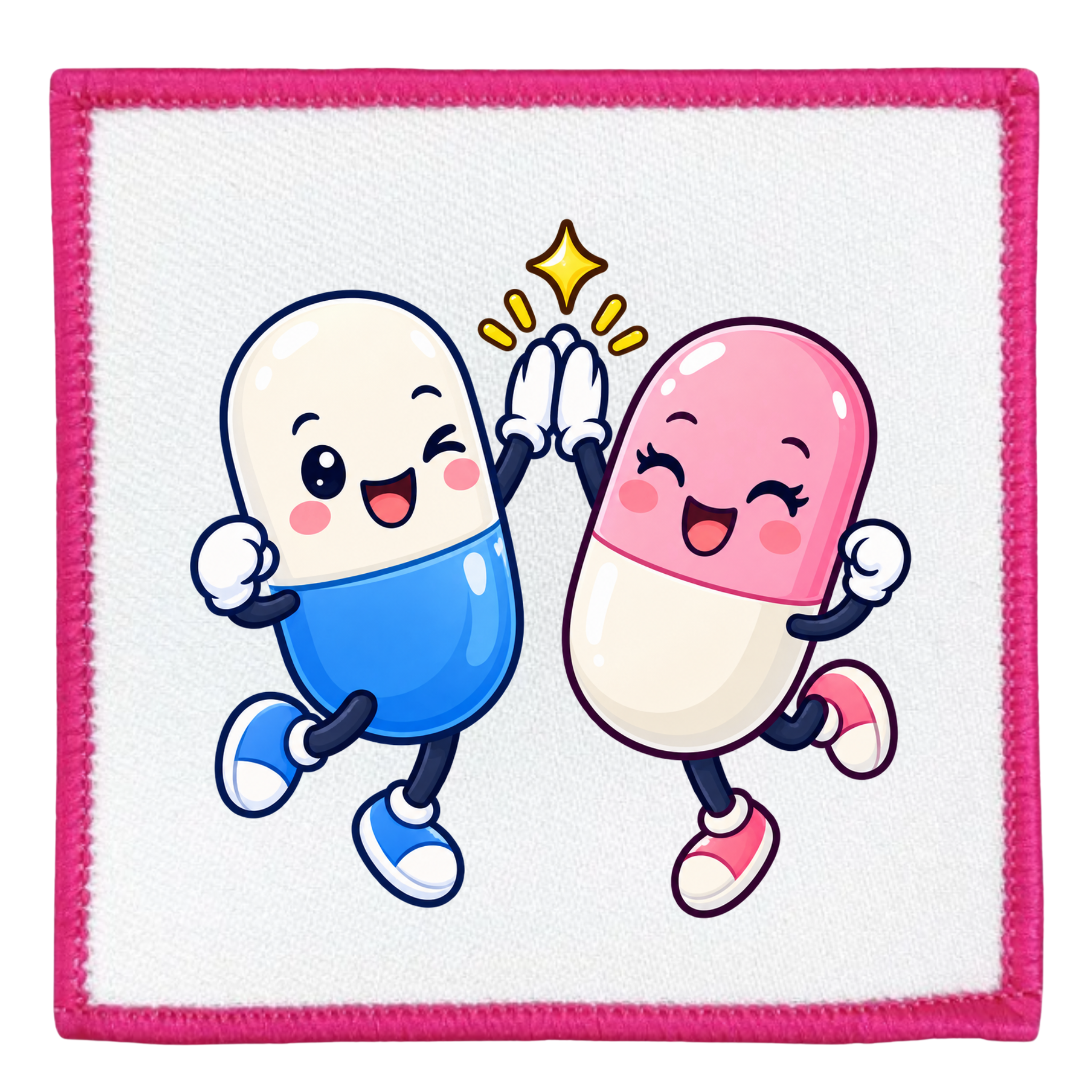 A square white patch with a bright pink stitched border, featuring two cartoon capsules jumping and high-fiving. One capsule is blue and white, and the other is pink and white, with a small yellow star above their hands.