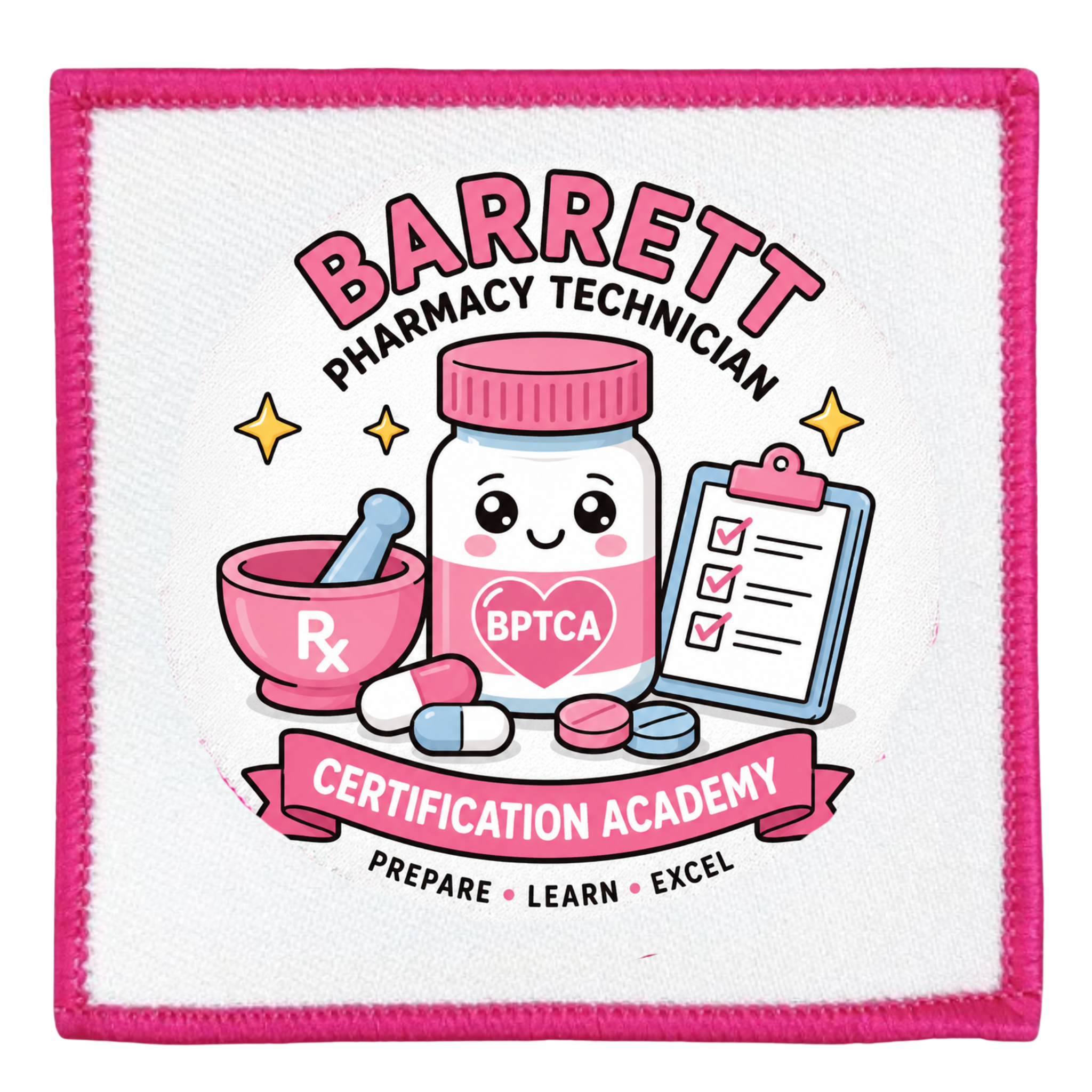 Cute Barrett Pharmacy Technician Certification Academy pharmacy technician heat transfer patch with prescription bottle, pills, mortar and pestle, and clipboard design.