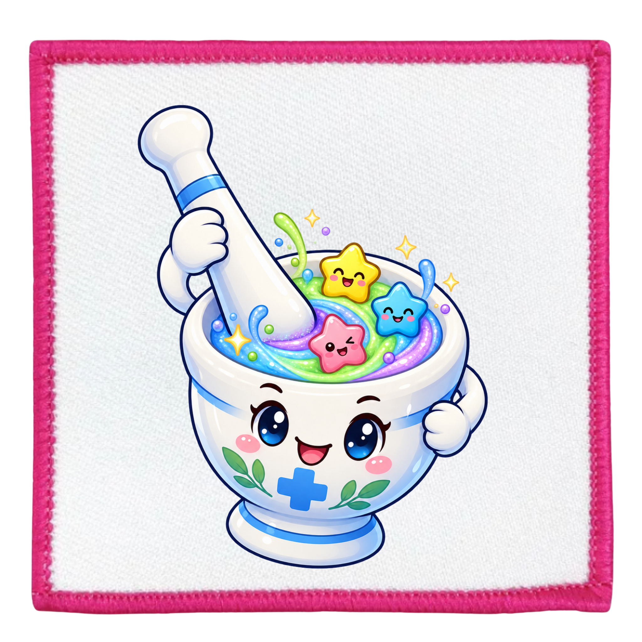 A square patch featuring a cute cartoon illustration of a smiling white mortar and pestle filled with colorful pastel potion and star-shaped candies, set against a white background with a pink stitched border.