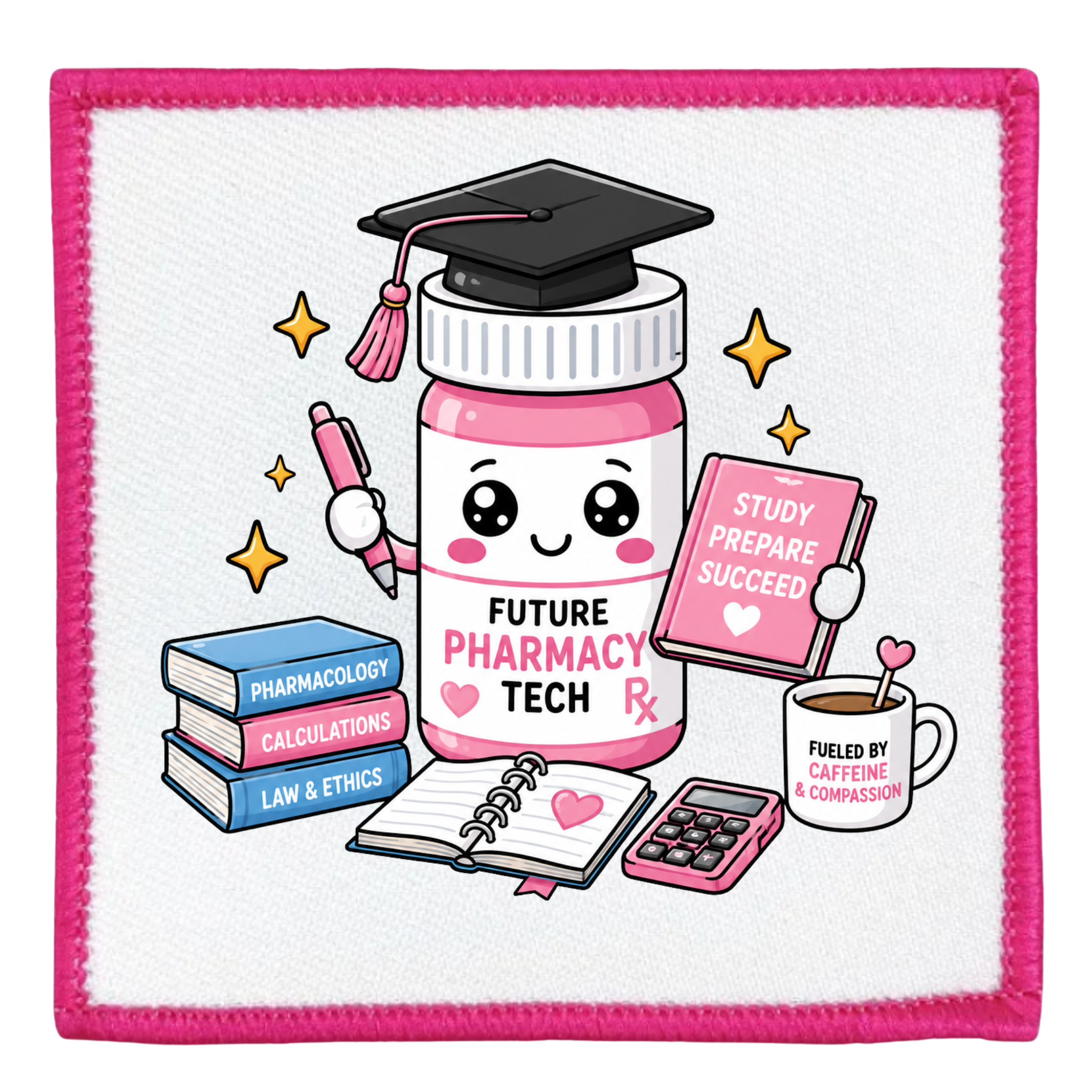 Patch with a cartoon pharmacy bottle character and educational items on a white background with pink border