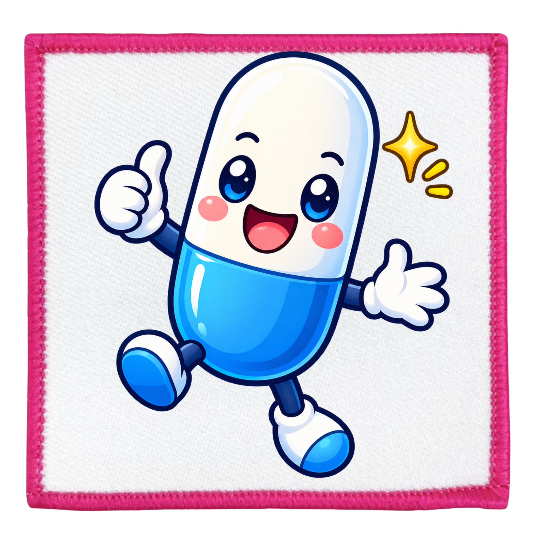 A square embroidered patch with a pink border and white center, featuring a cartoon blue-and-white capsule character with arms, legs, eyes, and a small yellow sparkle graphic.