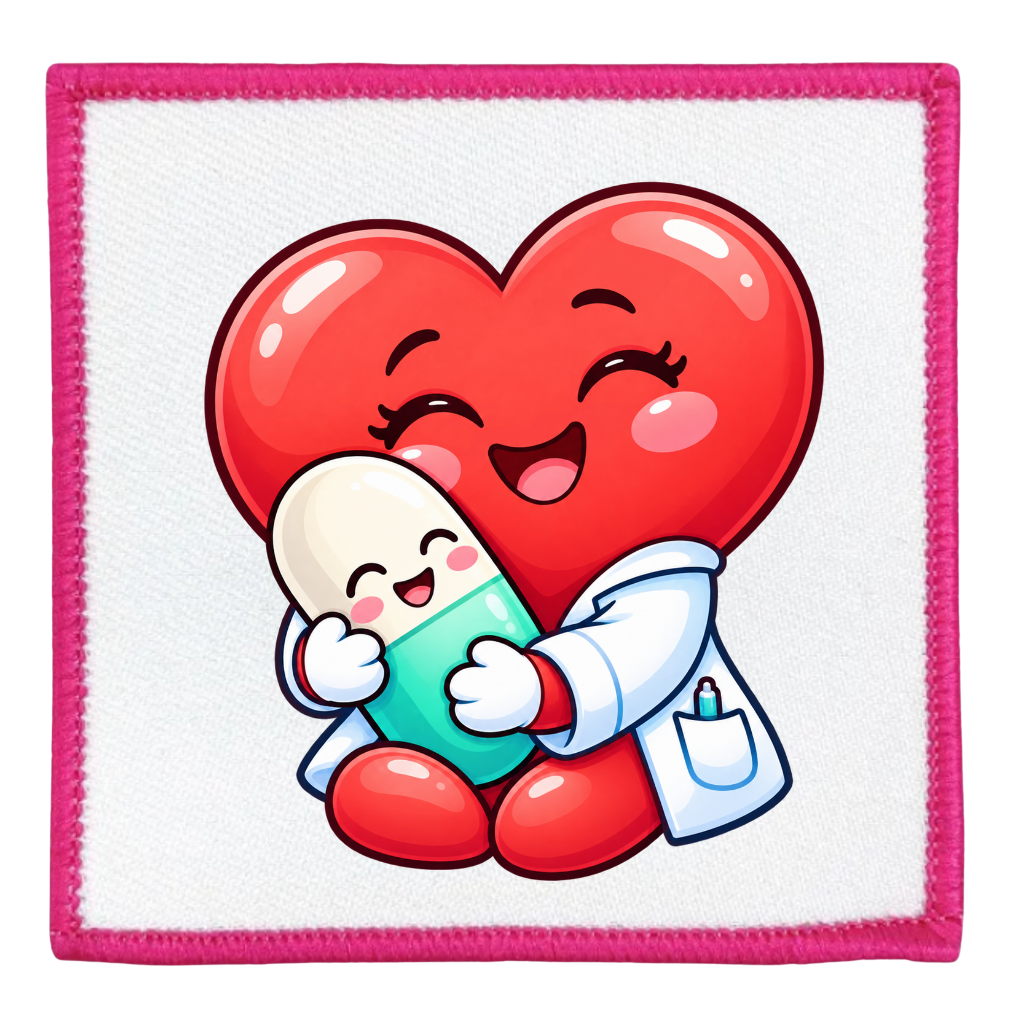 A square embroidered patch with a bright pink border on a white background, featuring a cute cartoon illustration of a red heart hugging a white and teal pill capsule. The patch is shown flat against a clean white background.