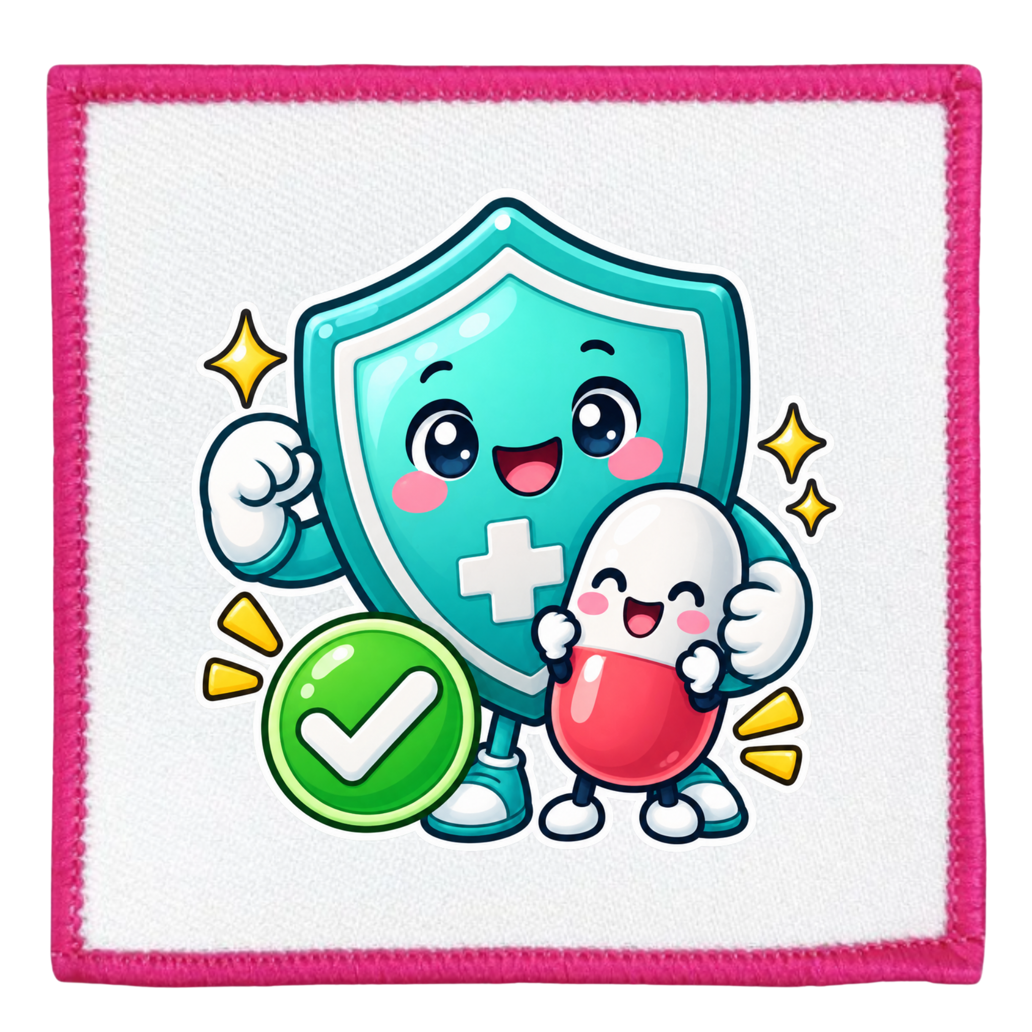 A square white fabric patch with a bright pink stitched border, featuring a cute cartoon illustration of a teal shield character with a white cross, a smiling white character, yellow sparkles, and a green check emblem.