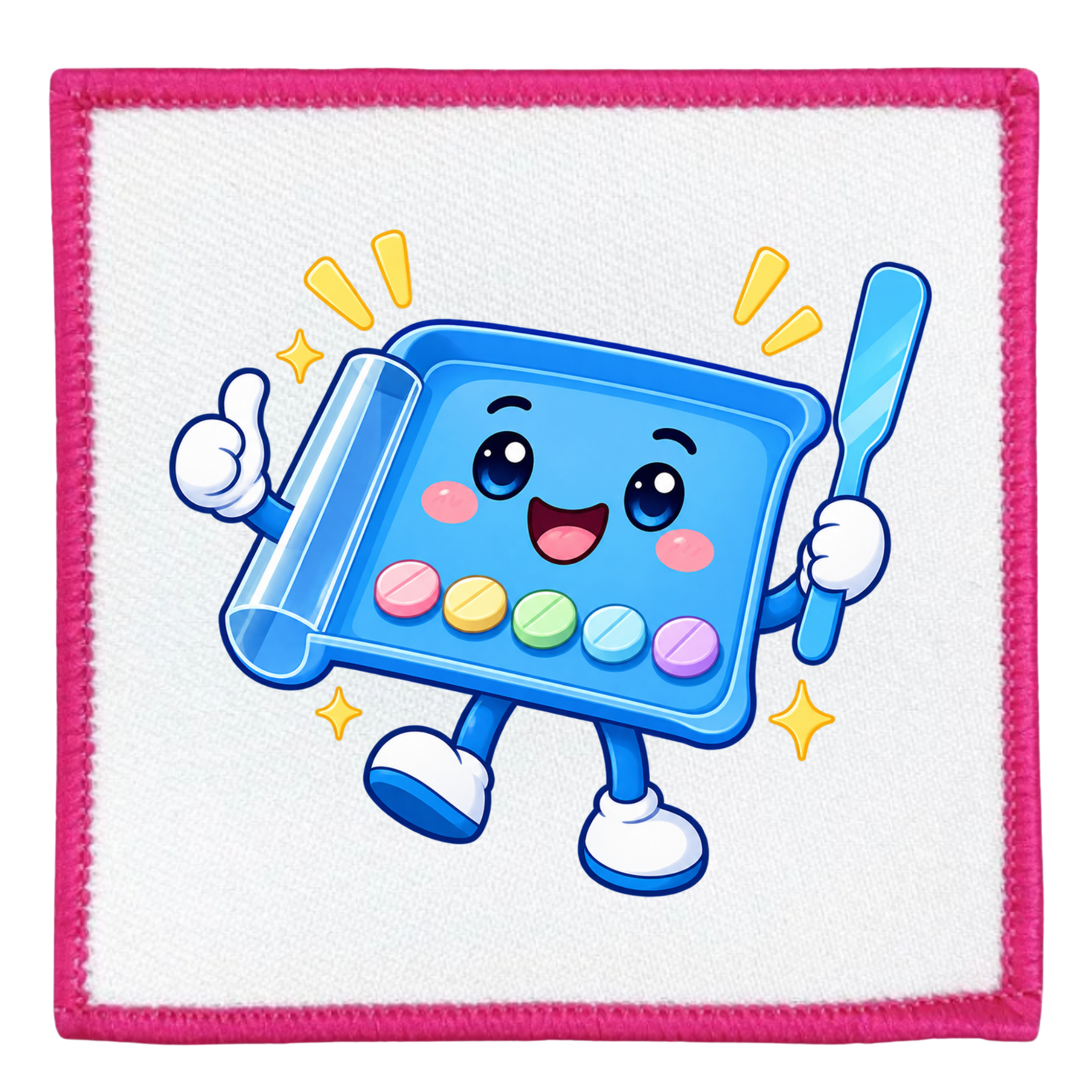 A square white fabric patch with a bright pink stitched border, featuring a cute cartoon illustration of a blue tray character holding a spatula and surrounded by yellow stars and pink candy pieces.