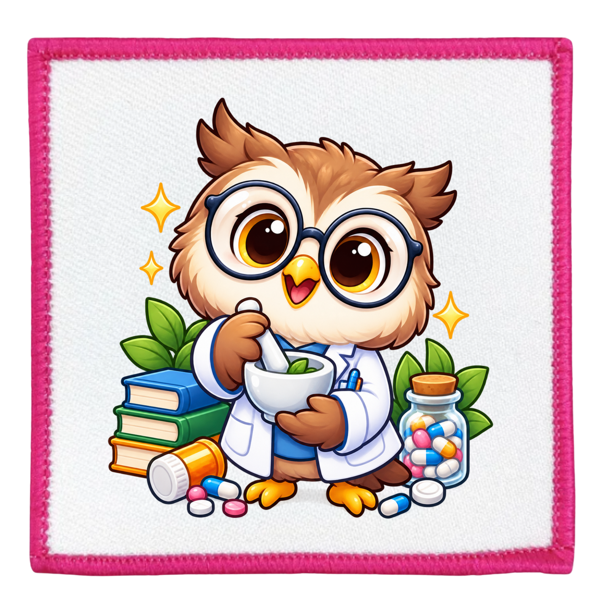 A square white patch with a bright pink stitched border, featuring a cartoon owl dressed as a pharmacist. The owl wears round glasses, a white lab coat, and holds a mortar and pestle, surrounded by books, green leaves, colorful pills, and a glass jar of multicolored medicine.
