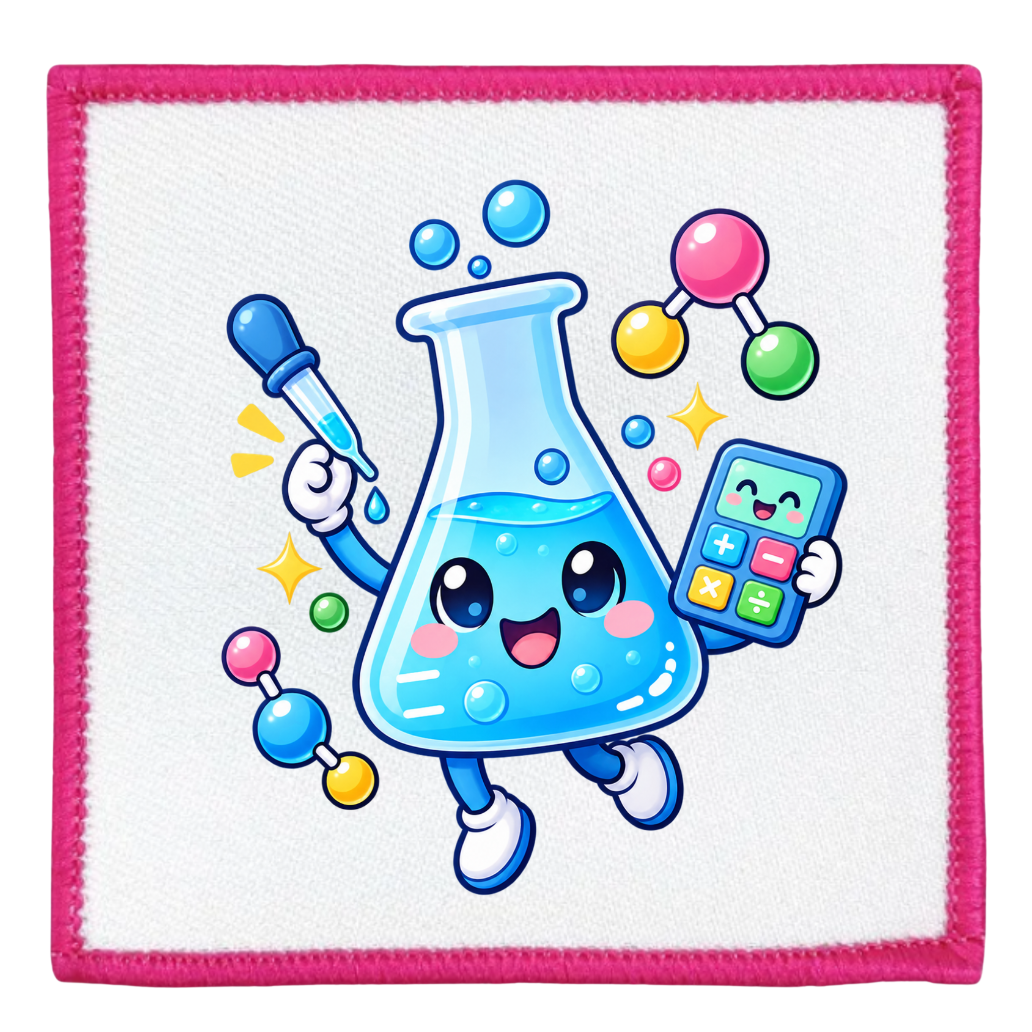 A square white fabric patch with a bright pink stitched border, featuring a cute cartoon graphic of a blue laboratory flask character holding a dropper and calculator, surrounded by colorful molecular models and sparkles.