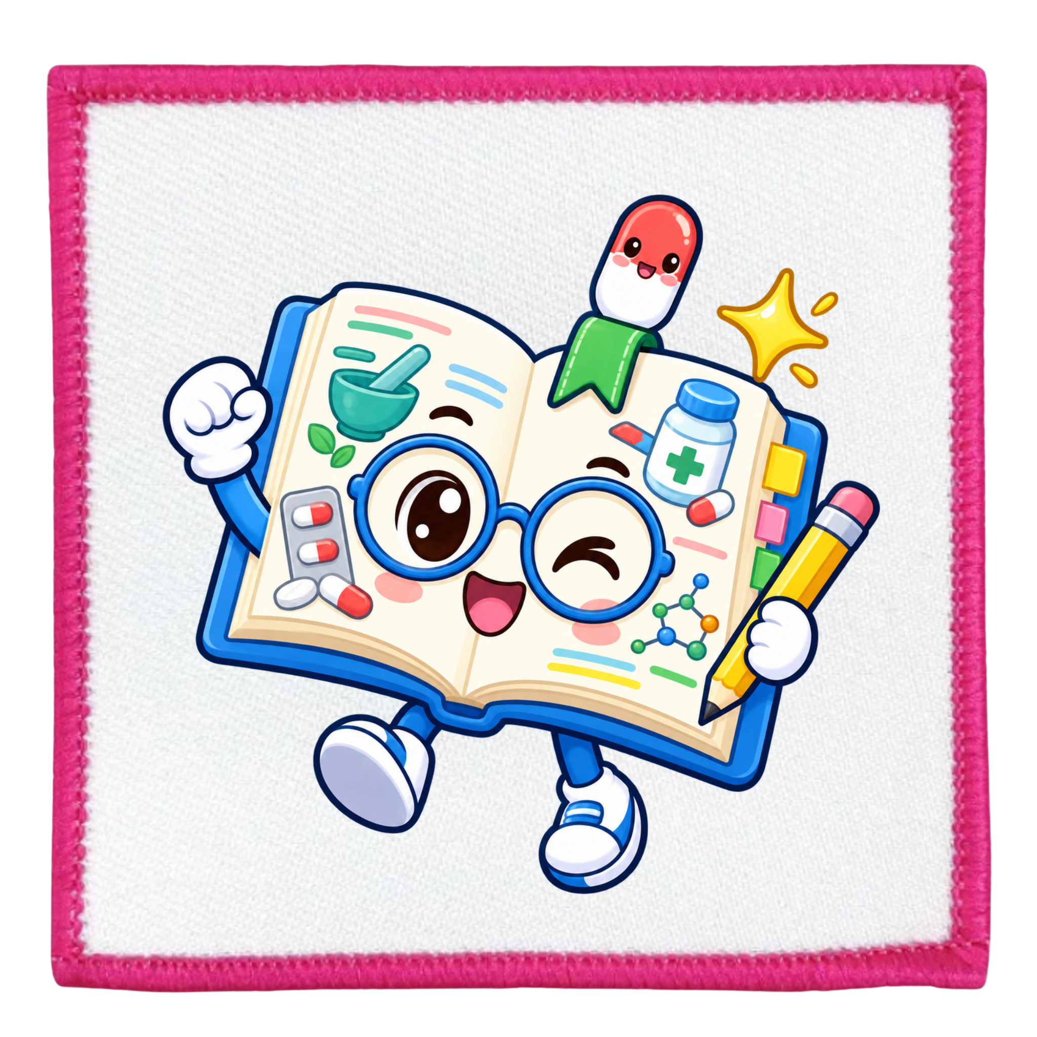 A square white fabric patch with a bright pink stitched border, featuring a cartoon illustration of an open book character wearing blue glasses and holding a yellow pencil, surrounded by medical-themed icons like pills, a stethoscope, a mortar and pestle, and a pill bottle.