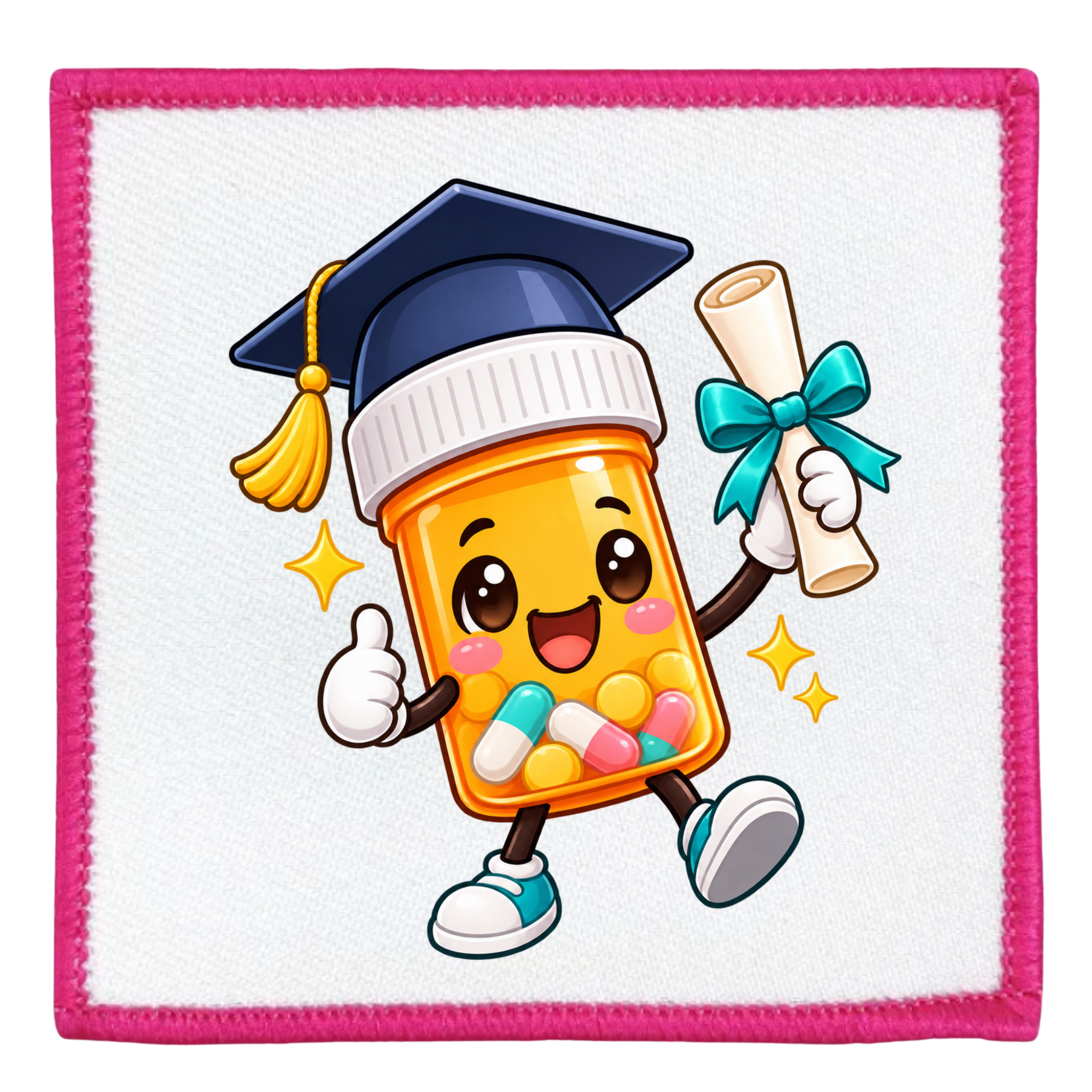 A square white fabric patch with a bright pink stitched border, featuring a cartoon illustration of a smiling orange pill bottle wearing a navy blue graduation cap and holding a rolled diploma with a teal bow. The patch is shown on a clean white background.