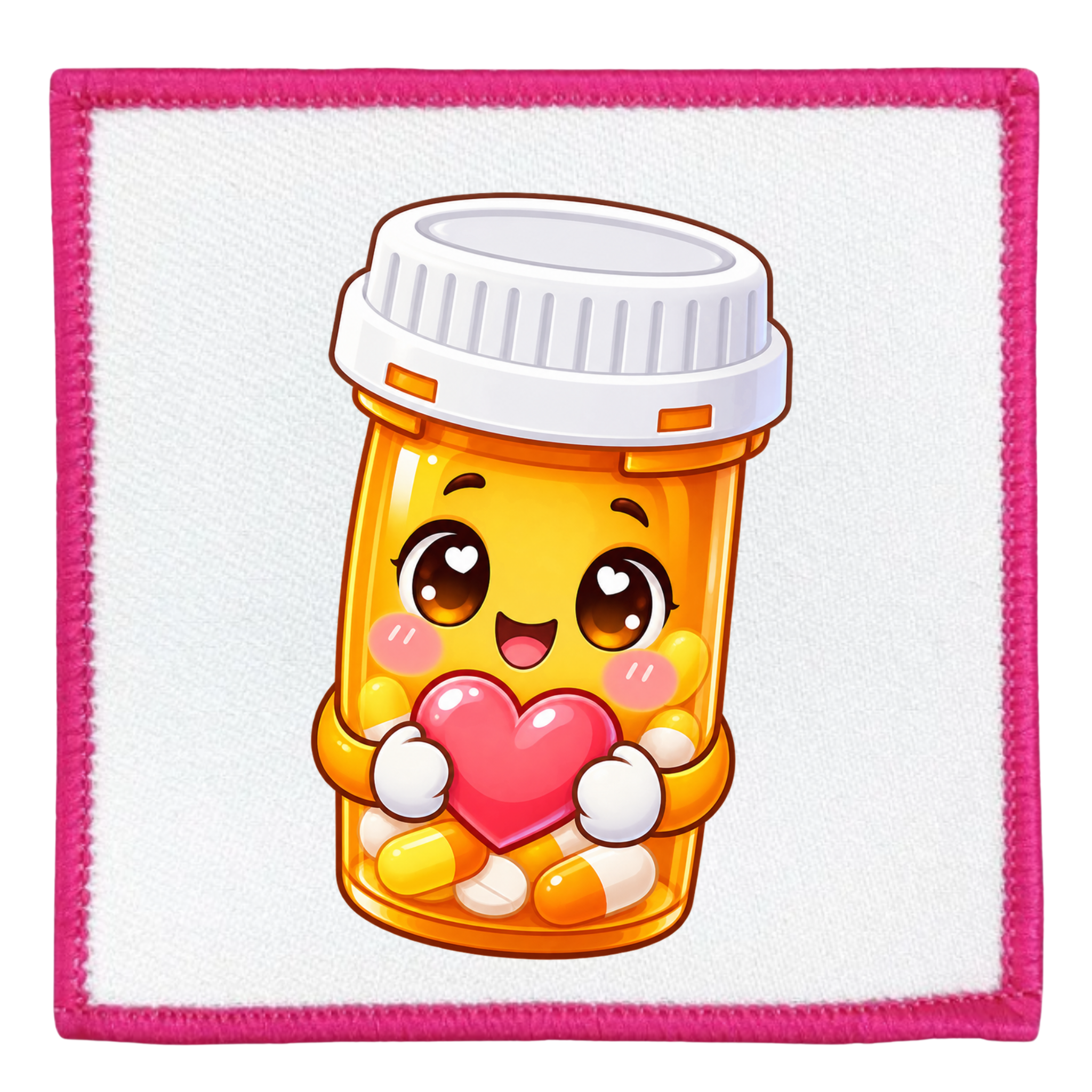 A square white patch with a bright pink stitched border, featuring a cute cartoon illustration of an orange pill bottle holding a pink heart.