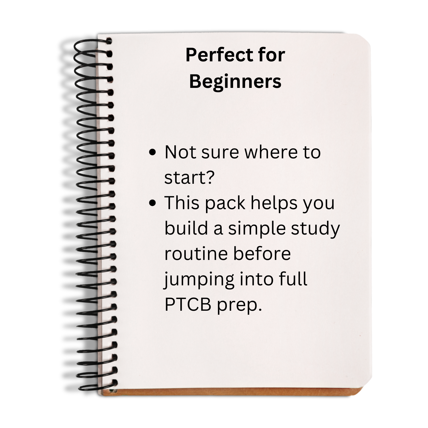 Notebook with text about study routine and PTCB preparation on a white background