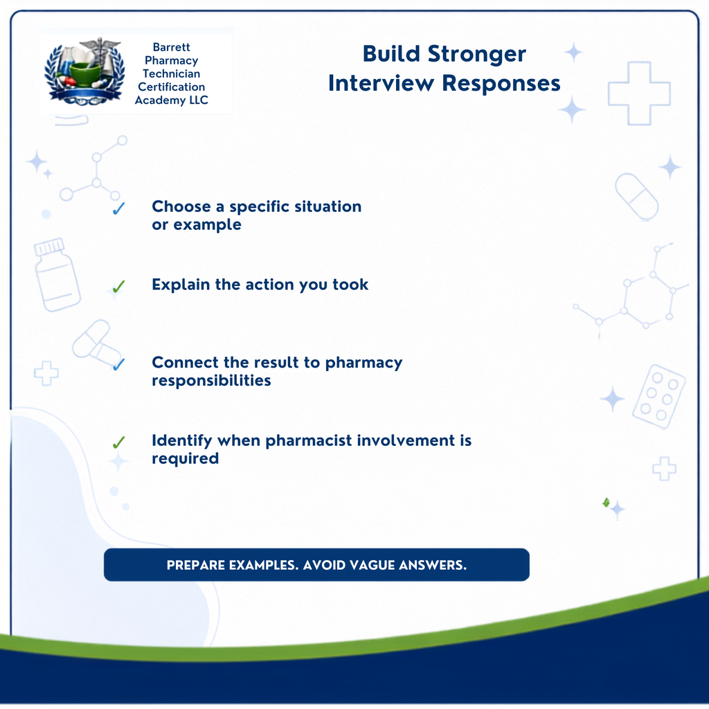 A digital informational graphic with the title 'Build Stronger Interview Responses' and the Barrett Pharmacy Technician Certification Academy LLC logo at the top left. The graphic contains four bullet points with checkmarks: choose a specific situation or example, explain the action you took, connect the result to pharmacy responsibilities, and identify when pharmacist involvement is required.