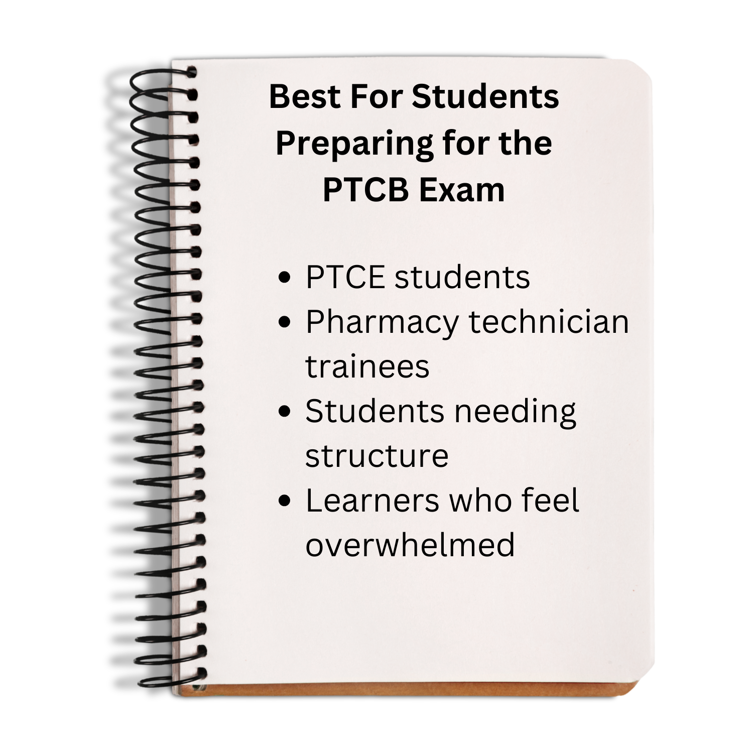 Notebook with text about its use for PTCB exam preparation on a white background