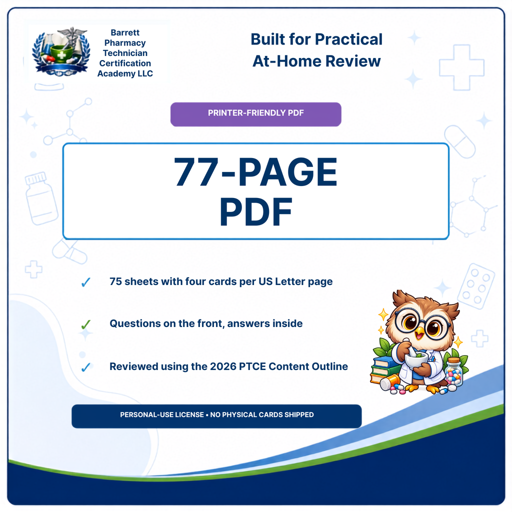 Promotional graphic for a printable PDF study guide, featuring the text '77-PAGE PDF', 'Built for Practical At-Home Review', and 'Printer-Friendly PDF' with a Barrett Pharmacy Technician Certification Academy logo and an owl illustration.