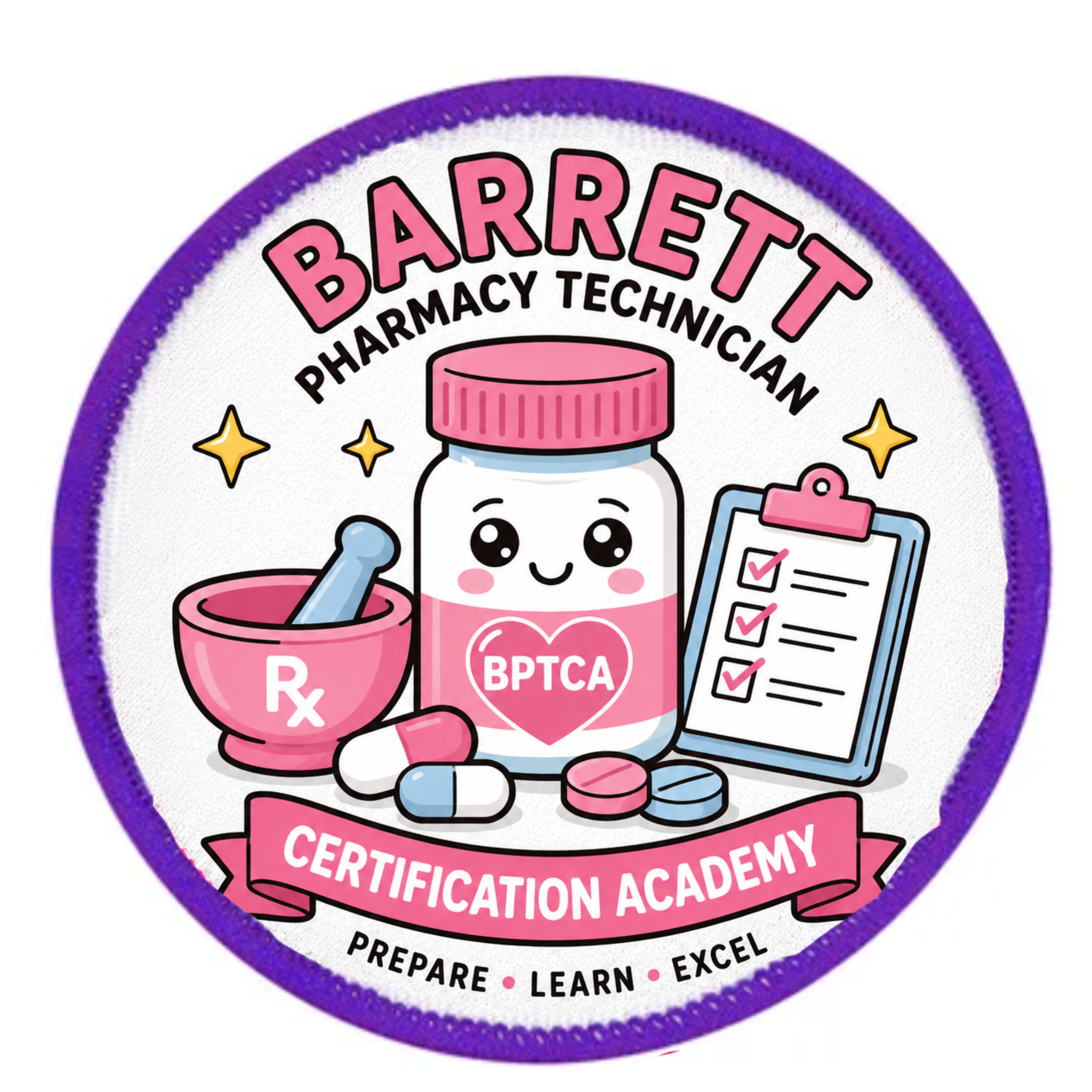 Badge for Barrett Pharmacy Technician Certification Academy with a cartoon jar, tablet, and clipboard on a white background.