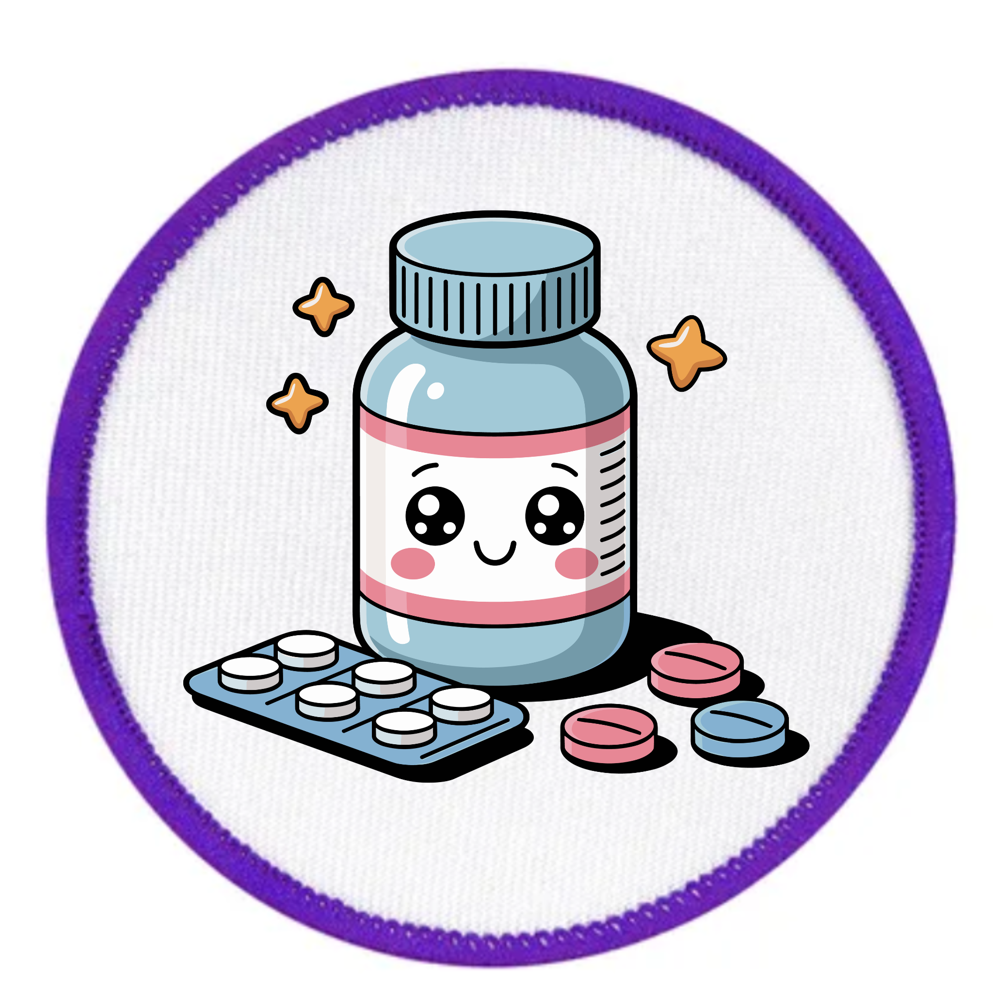 Cute cartoon-style pill bottle with a face on a white background
