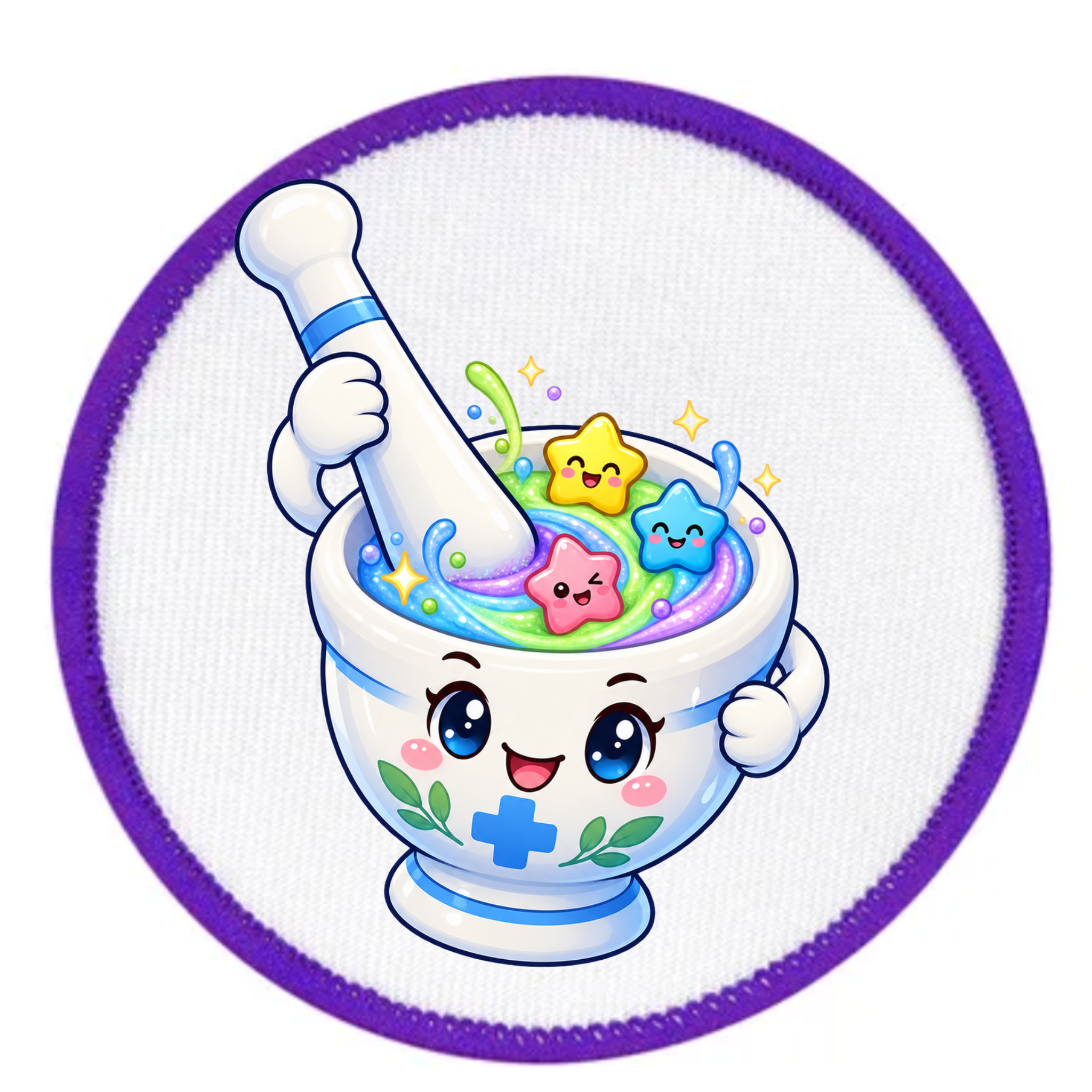A circular embroidered patch featuring a cute cartoon illustration of a white mortar and pestle with colorful star-shaped candies inside, set against a white textured background with a purple stitched border.