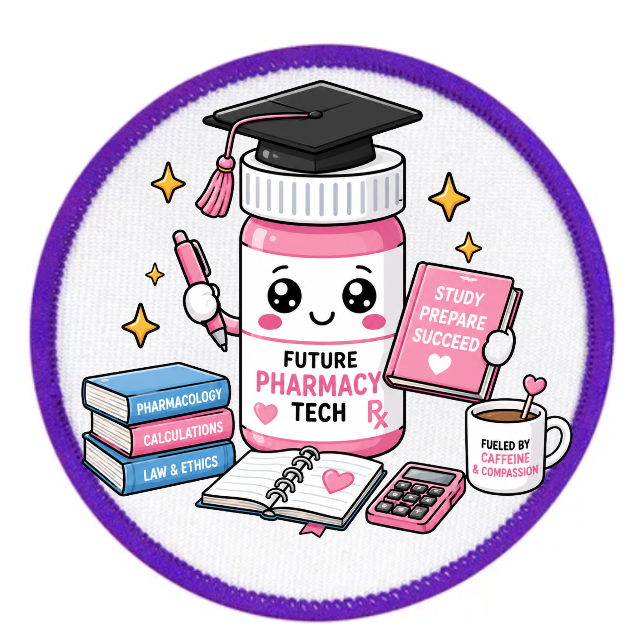 Illustration of a pink bottle labeled 'Future Pharmacy Tech' with educational items around it on a white background.