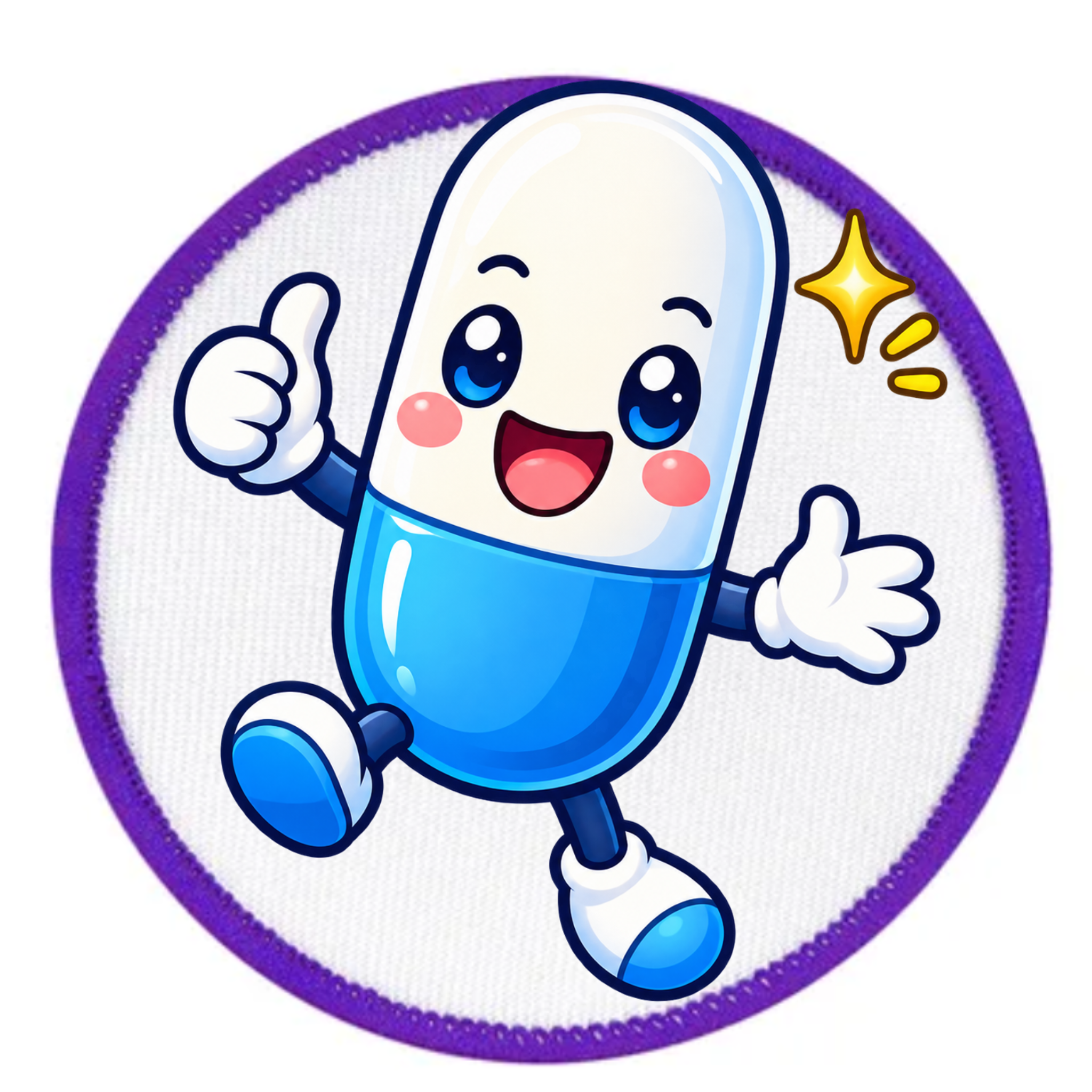 A circular embroidered patch featuring a cute cartoon pill character with a white upper half and blue lower half, smiling and giving a thumbs-up, set against a white background with a purple stitched border.