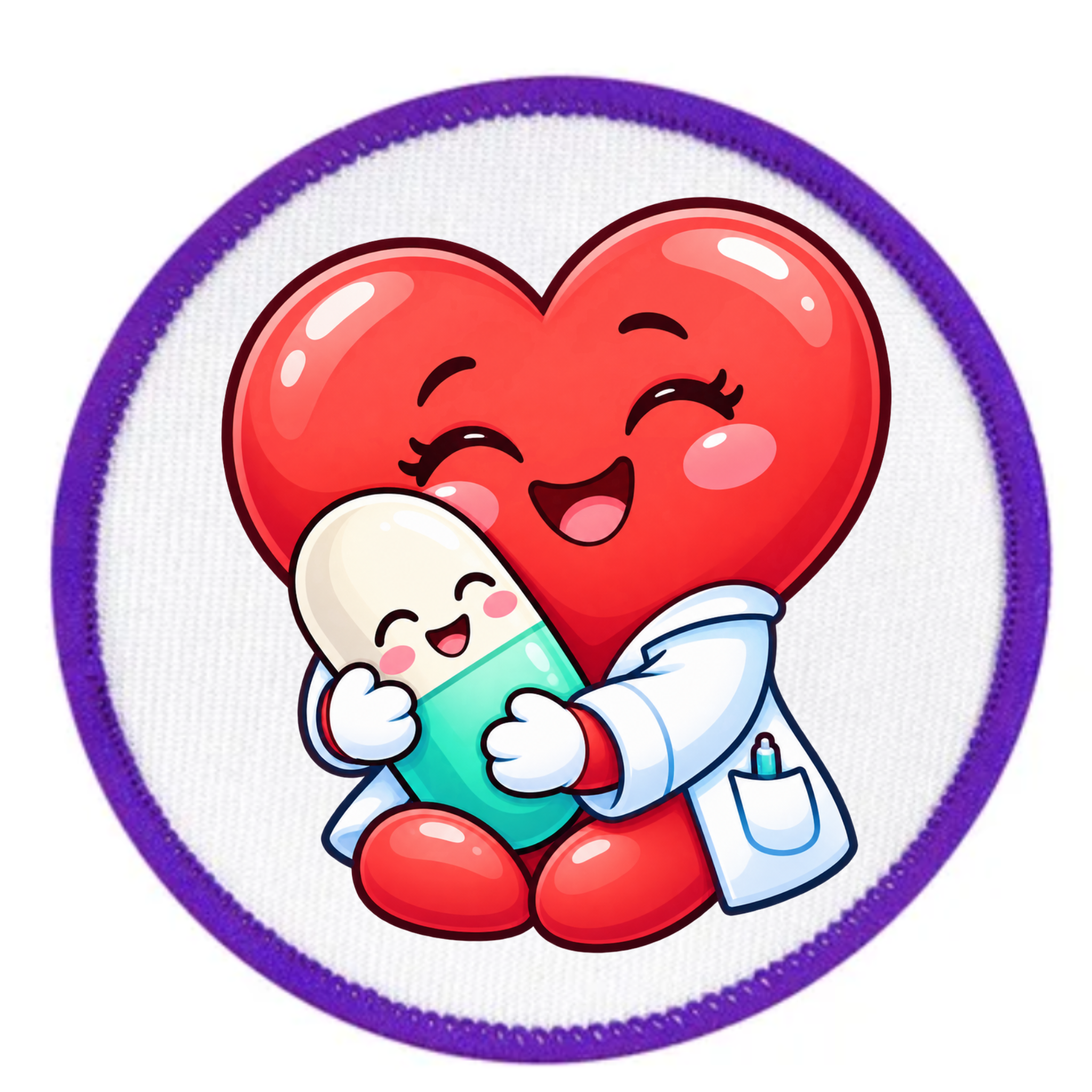 A circular embroidered patch featuring a cute cartoon illustration of a red heart hugging a white-and-teal pill capsule, with a purple stitched border on a white background.