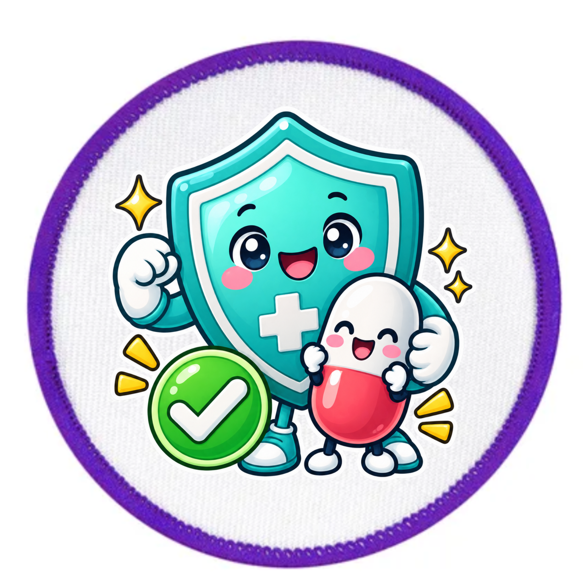 A circular patch featuring a cute cartoon illustration of a teal shield character with a white cross, hugging a white pill character and a green check badge, on a white background with a purple border.