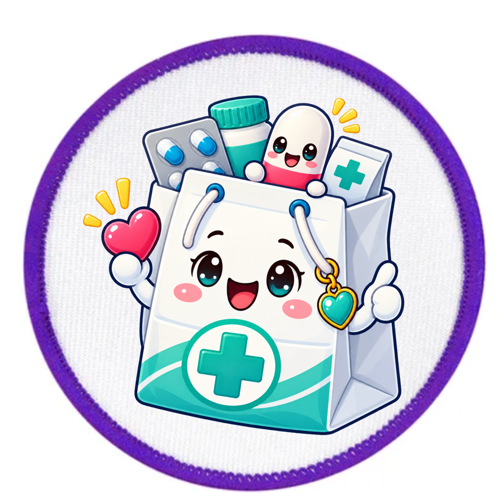 A circular patch or sticker featuring a cute cartoon medical bag with a smiling face, surrounded by medical icons like pills, a heart, and a heart-shaped tag. The patch has a white center, a purple outer border, and a textured fabric-like background.