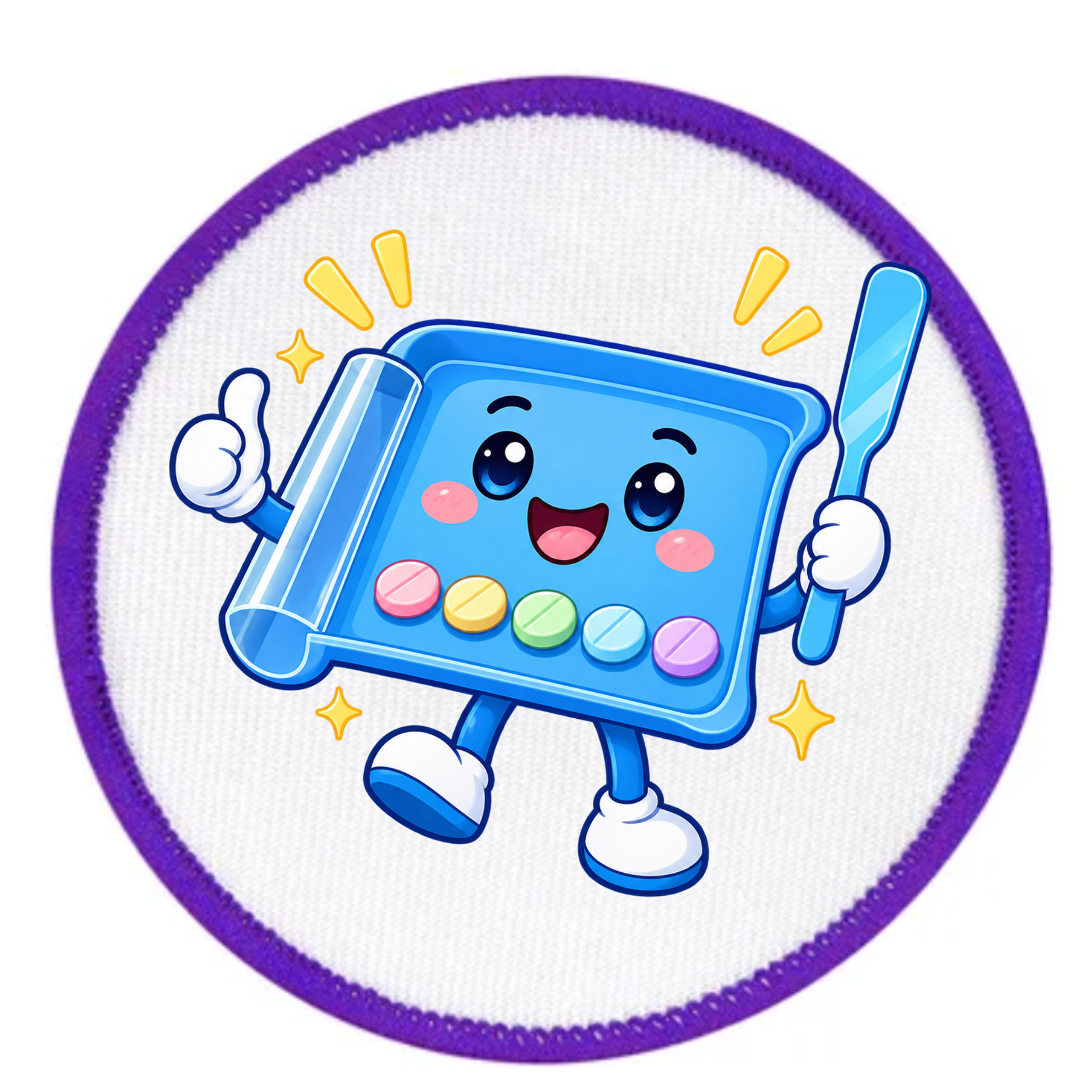 A circular embroidered patch featuring a cute cartoon butter dish character. The character is blue with white details, smiling, holding a knife, and has colorful buttons on its front.