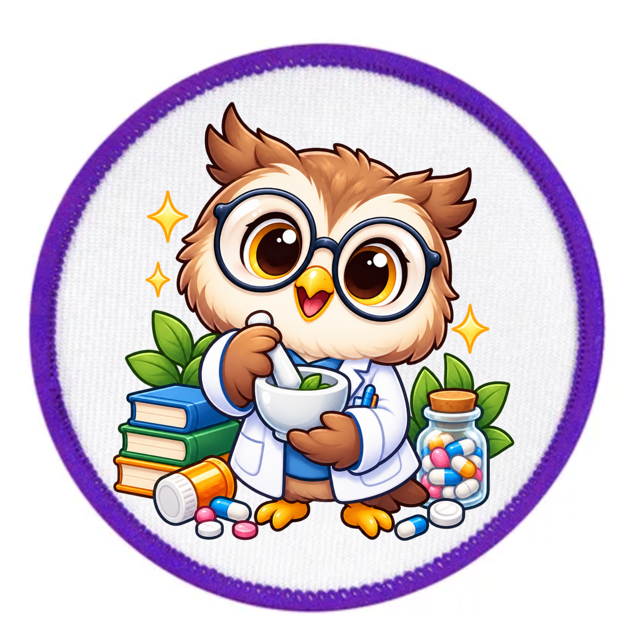 A circular embroidered patch featuring a cute cartoon owl dressed as a pharmacist, wearing glasses and a white lab coat while holding a mortar and pestle. The owl is surrounded by books, leaves, a pill bottle, and a jar of colorful medicine, all on a white background with a purple stitched border.