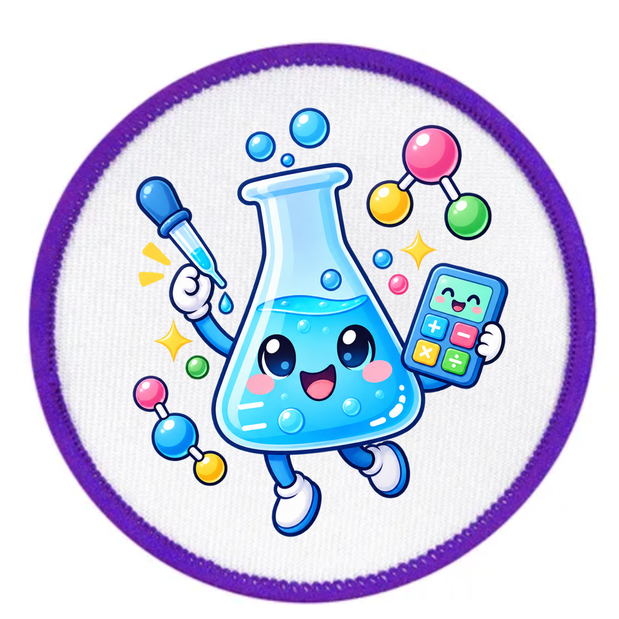 A circular embroidered patch featuring a cute cartoon science illustration. The design shows a smiling blue beaker holding a pipette and a calculator, surrounded by colorful molecular models and sparkles, all on a white background with a purple stitched border.