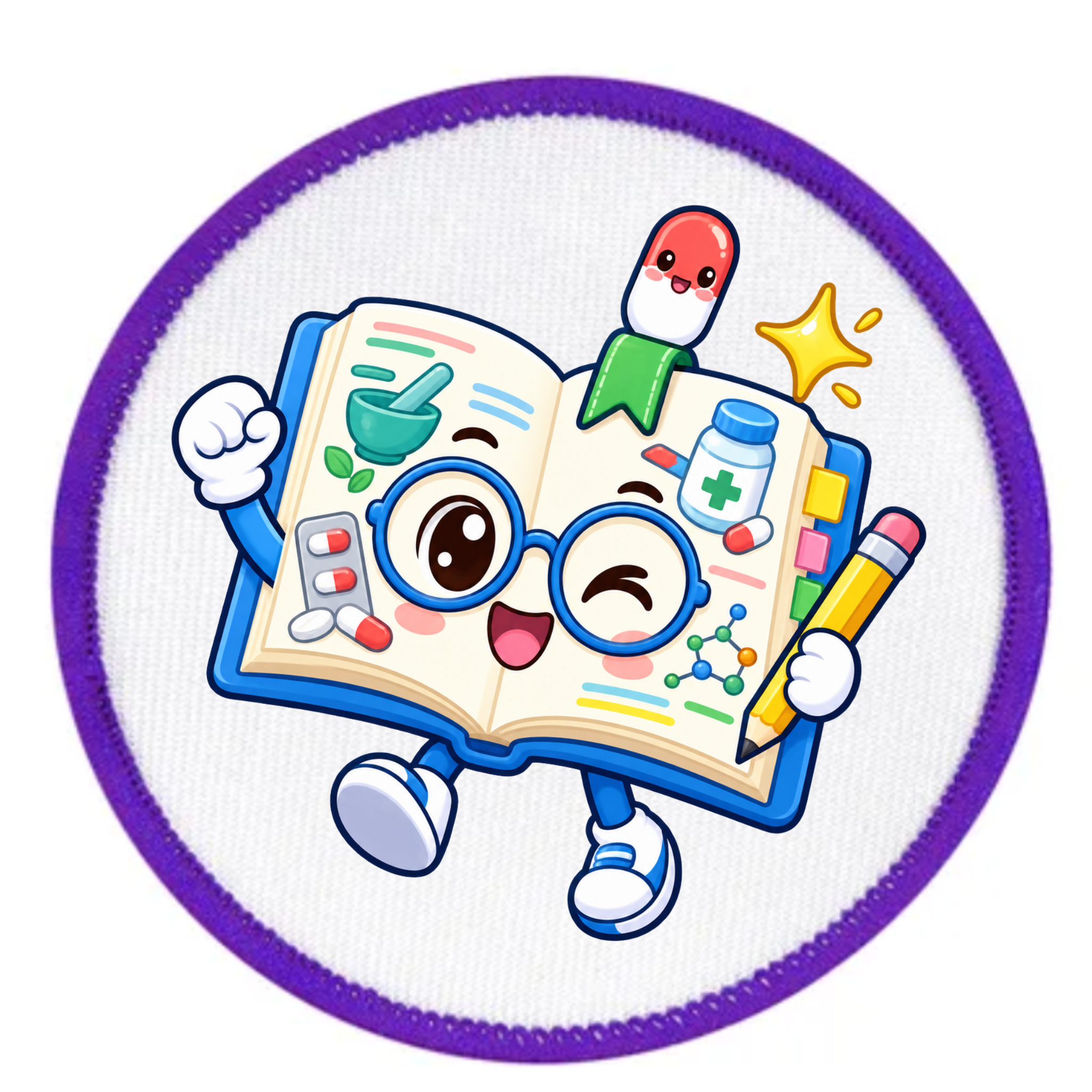 A circular white patch with a purple stitched border, featuring a cartoon open book character wearing blue glasses and holding a yellow pencil. The book is decorated with medical-themed illustrations including pills, a mortar and pestle, a pill bottle, and molecular structures.
