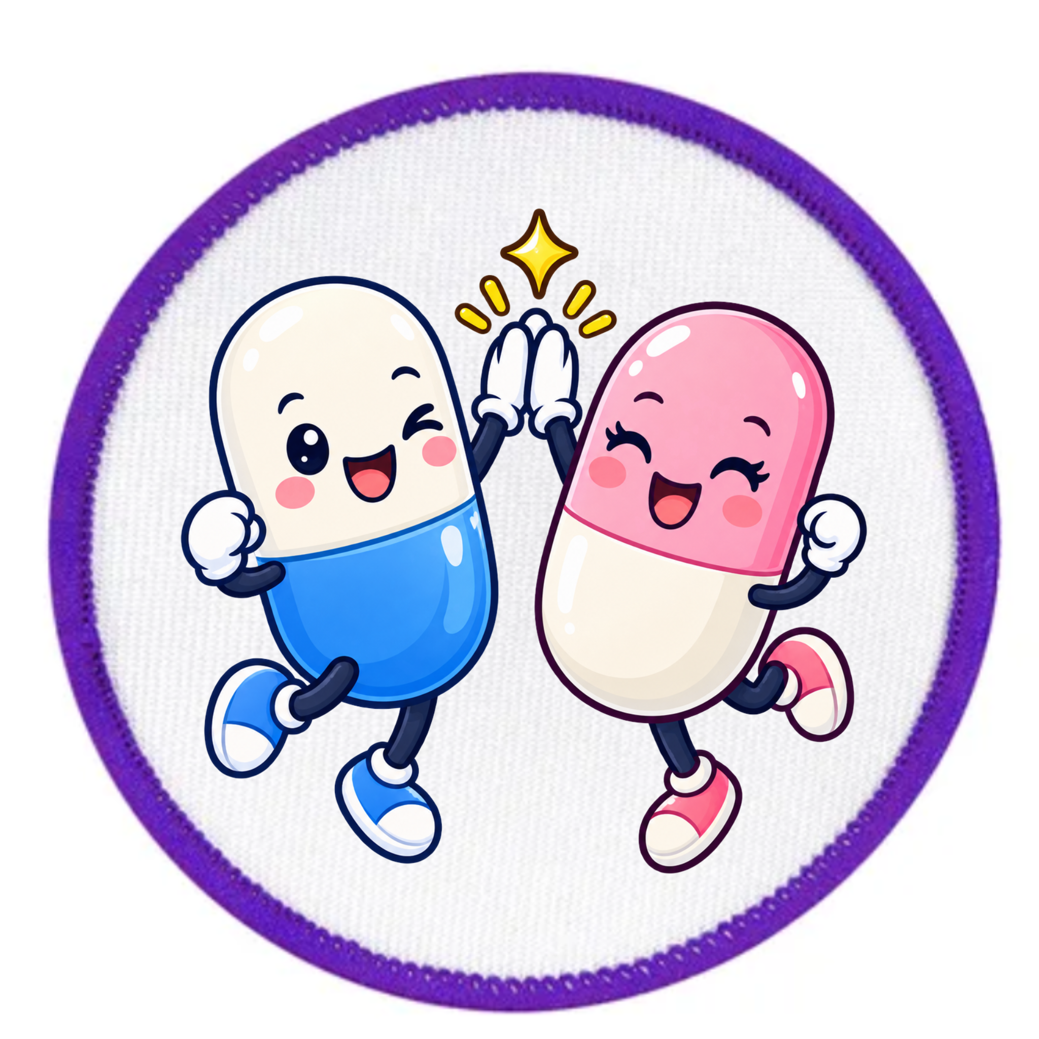 A round embroidered patch featuring two cartoon capsules jumping and high-fiving. One capsule is white and blue, and the other is pink and white, with a purple stitched border on a white background.