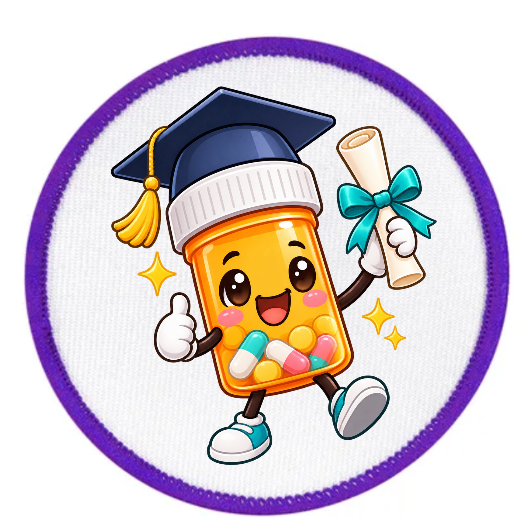 A circular embroidered patch featuring a cartoon orange pill bottle character wearing a navy blue graduation cap and holding a rolled diploma, with colorful capsules inside, on a white background with a purple border.