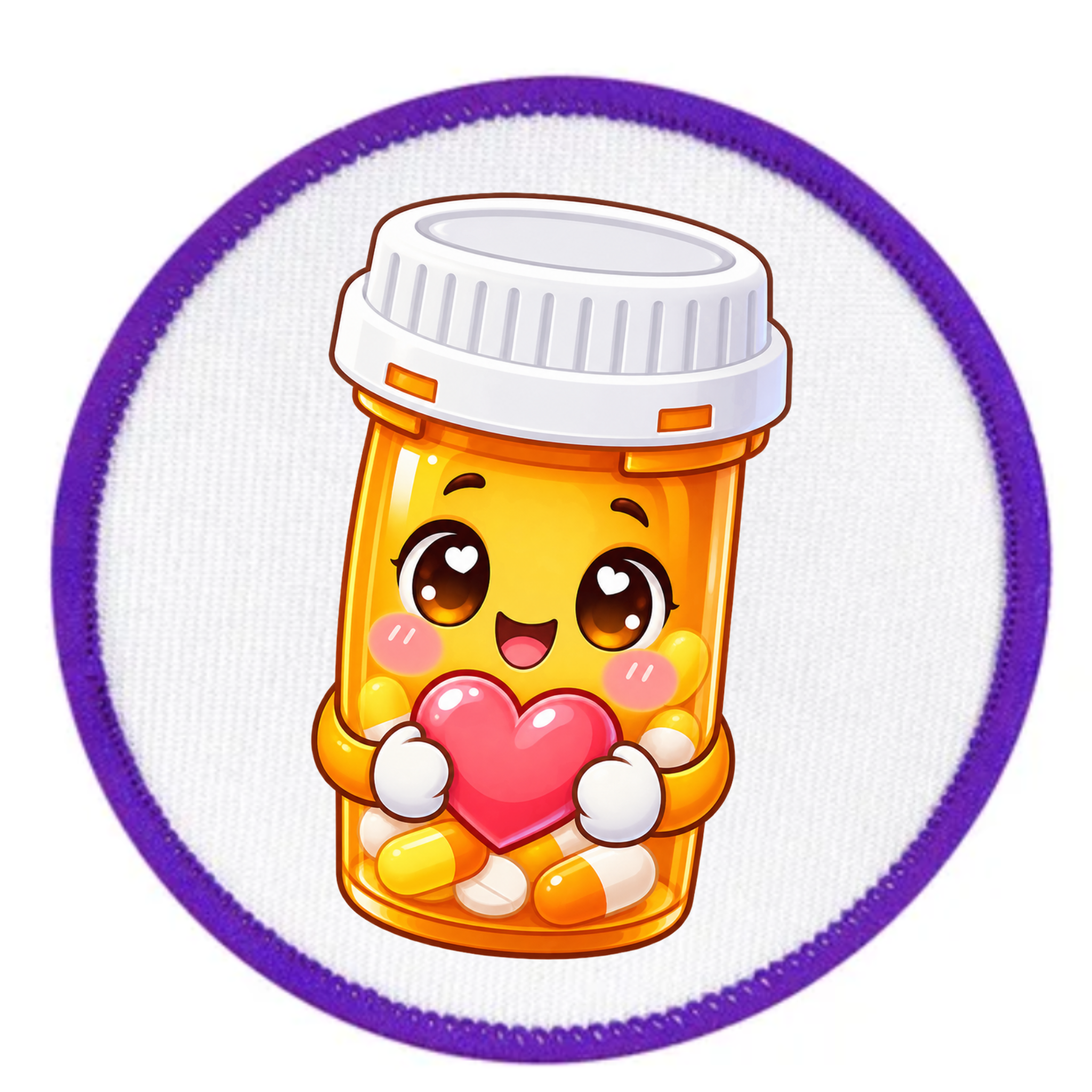 A circular embroidered patch featuring a cute cartoon pill bottle character with a white cap, holding a pink heart. The patch has a white center, a purple embroidered border, and is shown on a plain white background.