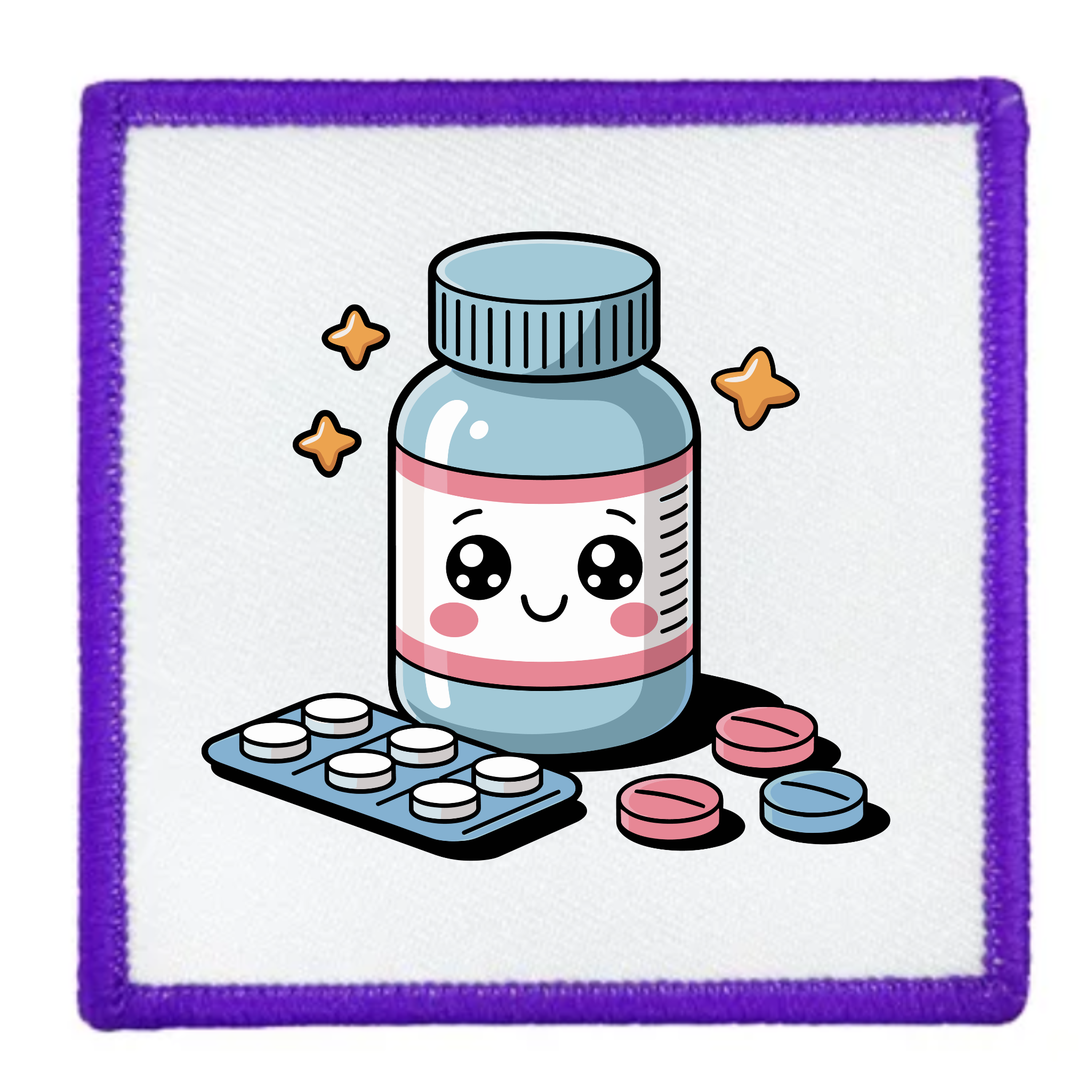 Cute cartoon pill bottle with colorful pills on a white background