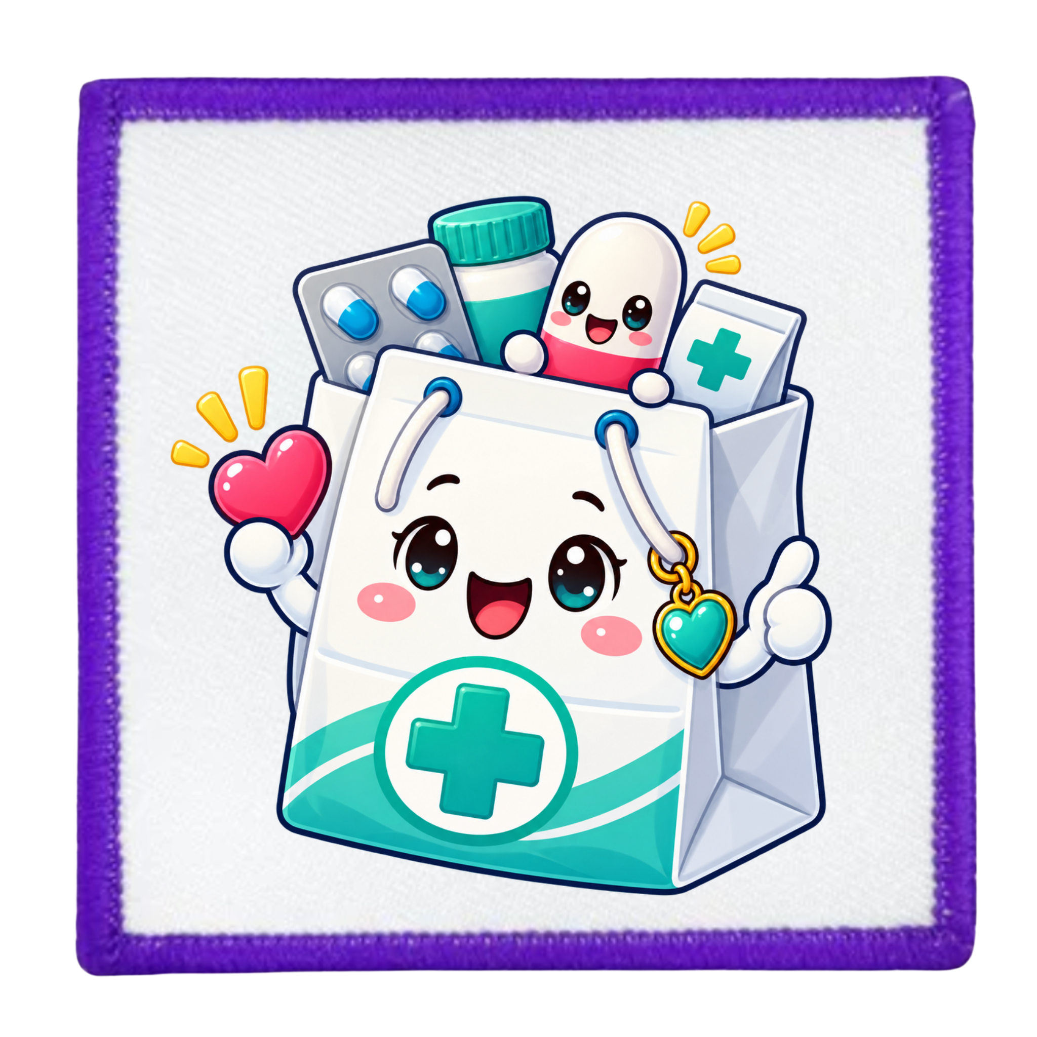A square patch with a purple stitched border and a white center, featuring a cute cartoon medical bag with a smiling face, holding a pink heart and a teal heart charm, with pills and a blister pack peeking out behind it.